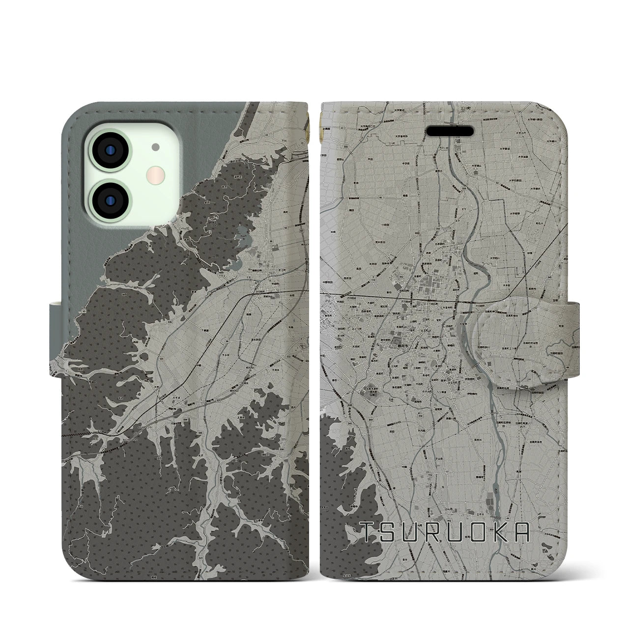 【鶴岡(山形県)】地図柄iPhoneケース(手帳タイプ)モノトーン・iPhone 12 mini 用