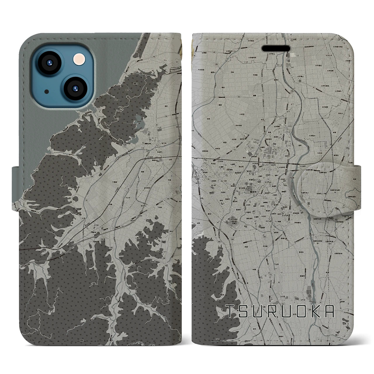 【鶴岡(山形県)】地図柄iPhoneケース(手帳タイプ)モノトーン・iPhone 13 用