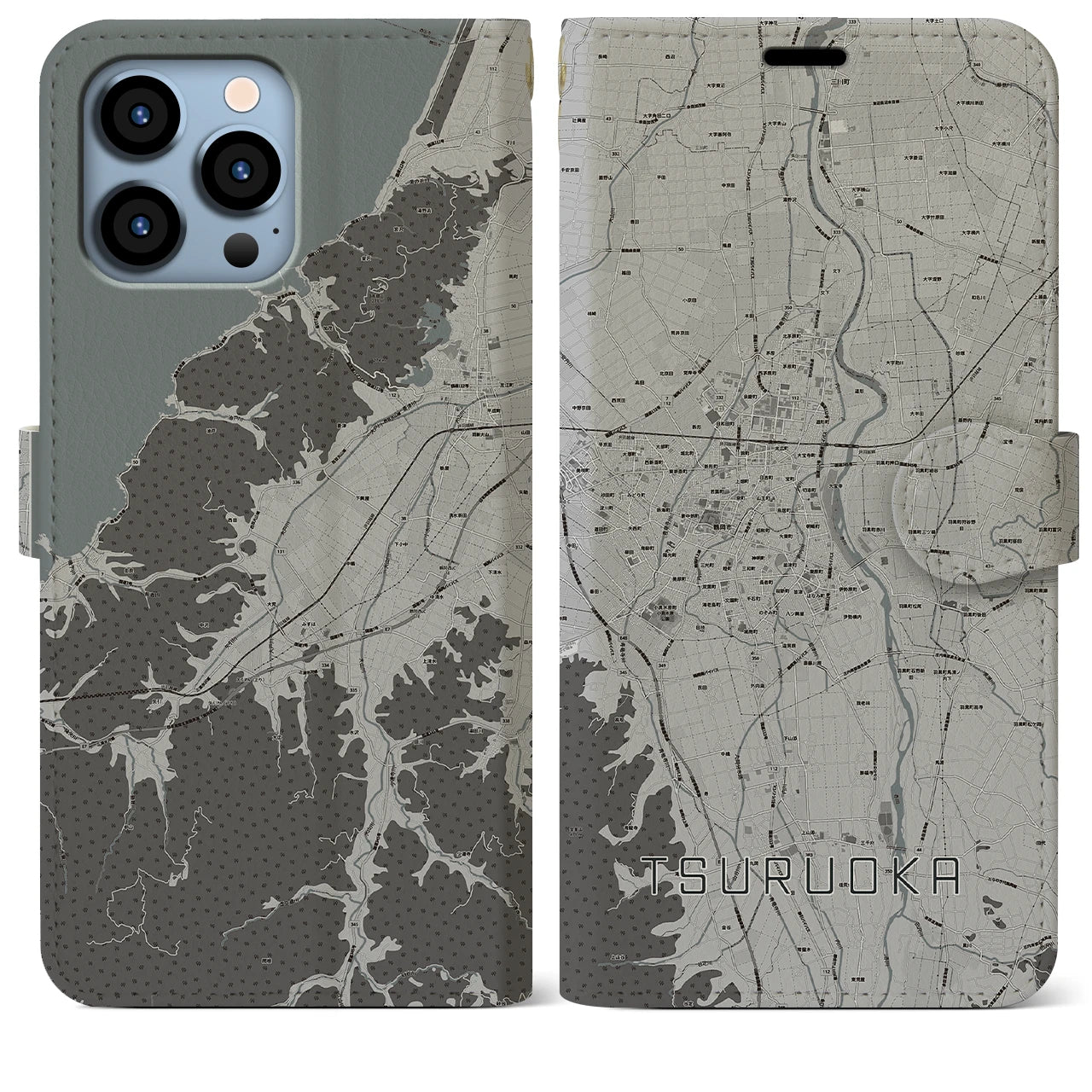 【鶴岡(山形県)】地図柄iPhoneケース(手帳タイプ)モノトーン・iPhone 13 Pro Max 用