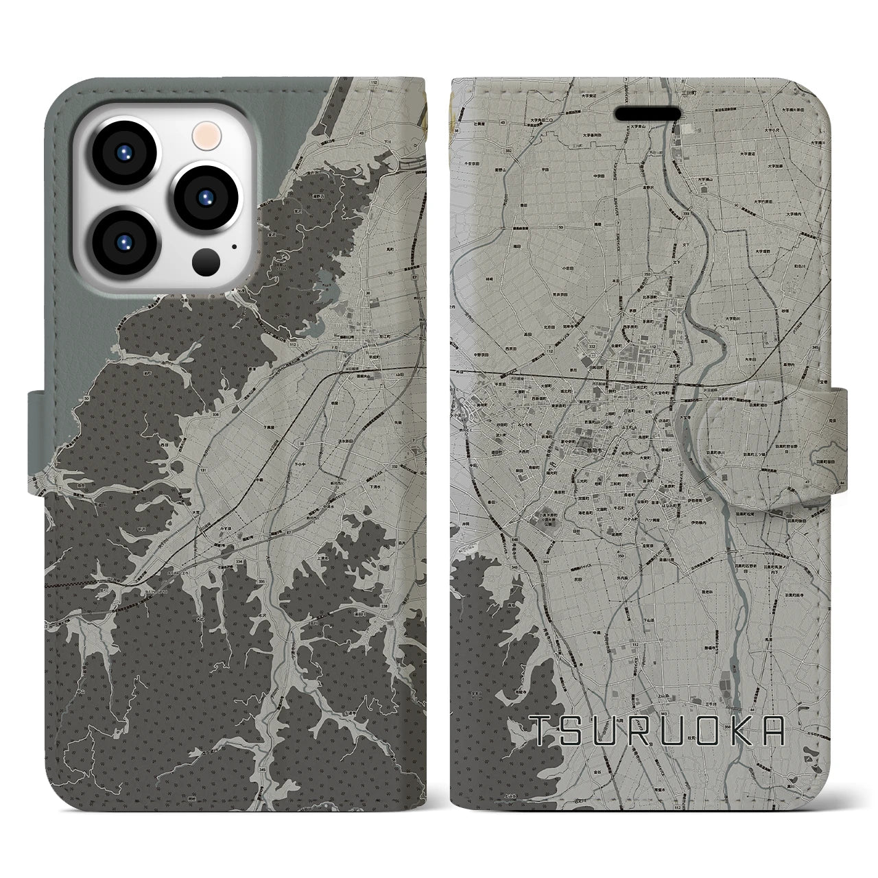 【鶴岡(山形県)】地図柄iPhoneケース(手帳タイプ)モノトーン・iPhone 13 Pro 用