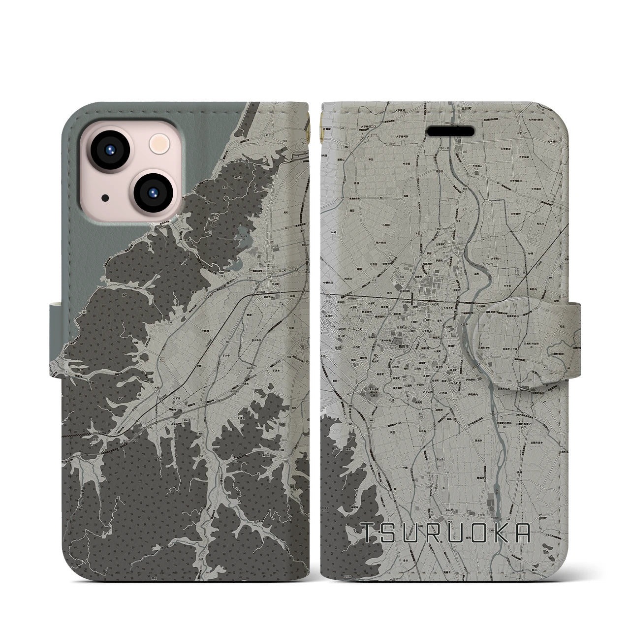 【鶴岡(山形県)】地図柄iPhoneケース(手帳タイプ)モノトーン・iPhone 13 mini 用