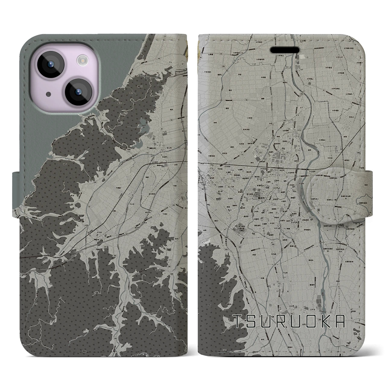 【鶴岡(山形県)】地図柄iPhoneケース(手帳タイプ)モノトーン・iPhone 14 用