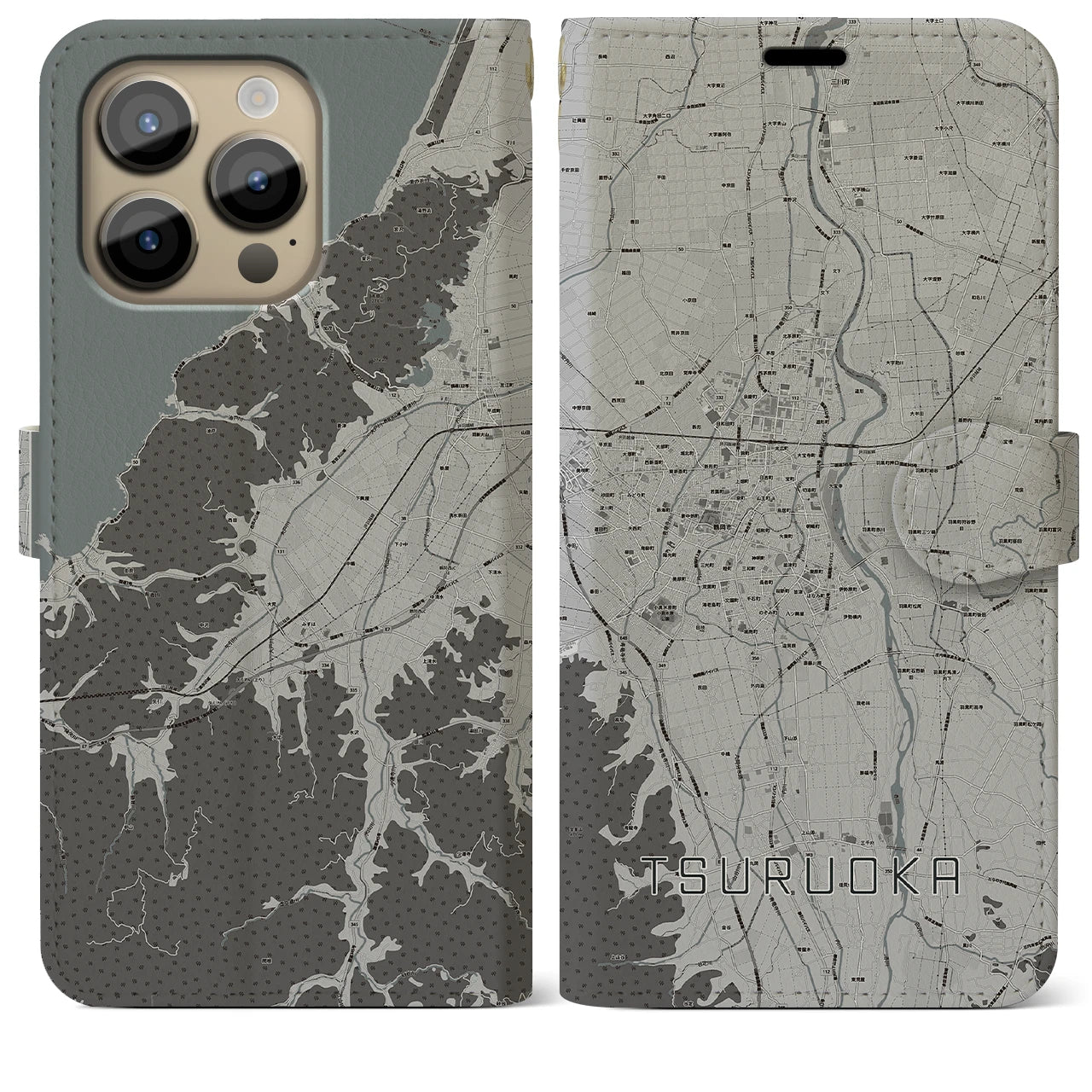 【鶴岡(山形県)】地図柄iPhoneケース(手帳タイプ)モノトーン・iPhone 14 Pro Max 用