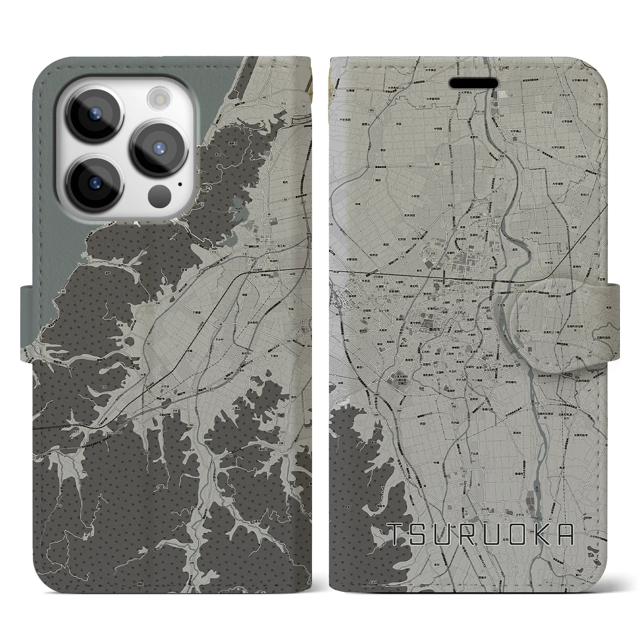 【鶴岡(山形県)】地図柄iPhoneケース(手帳タイプ)モノトーン・iPhone 14 Pro 用