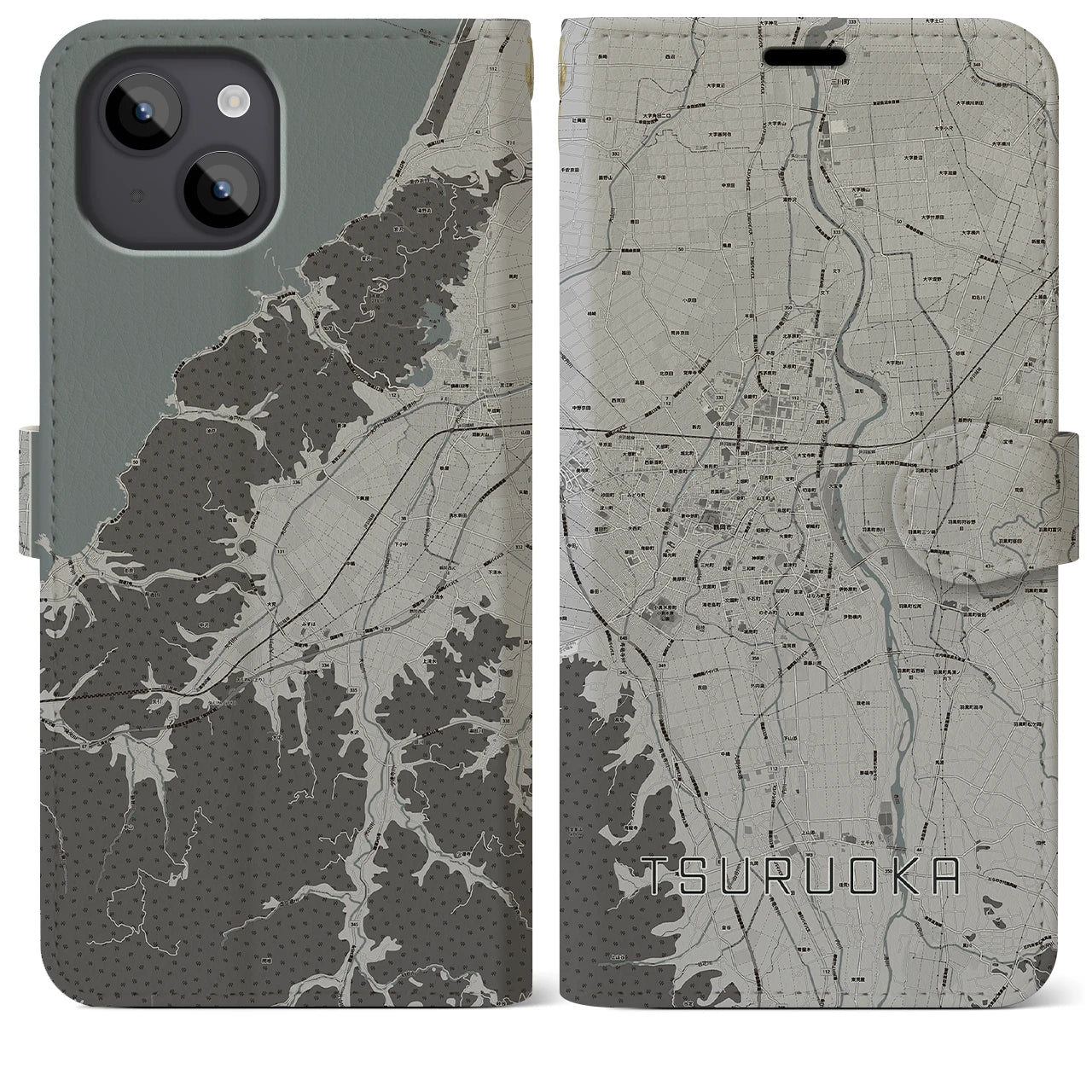 【鶴岡(山形県)】地図柄iPhoneケース(手帳タイプ)モノトーン・iPhone 14 Plus 用