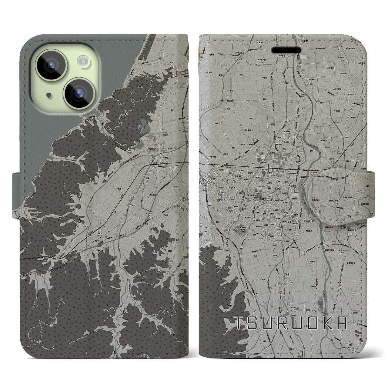 【鶴岡(山形県)】地図柄iPhoneケース(手帳タイプ)モノトーン・iPhone 15 用