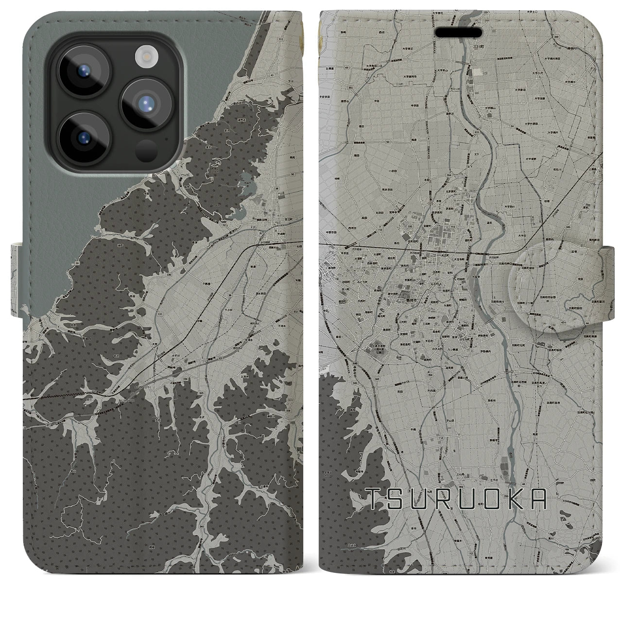 【鶴岡(山形県)】地図柄iPhoneケース(手帳タイプ)モノトーン・iPhone 15 Pro Max 用