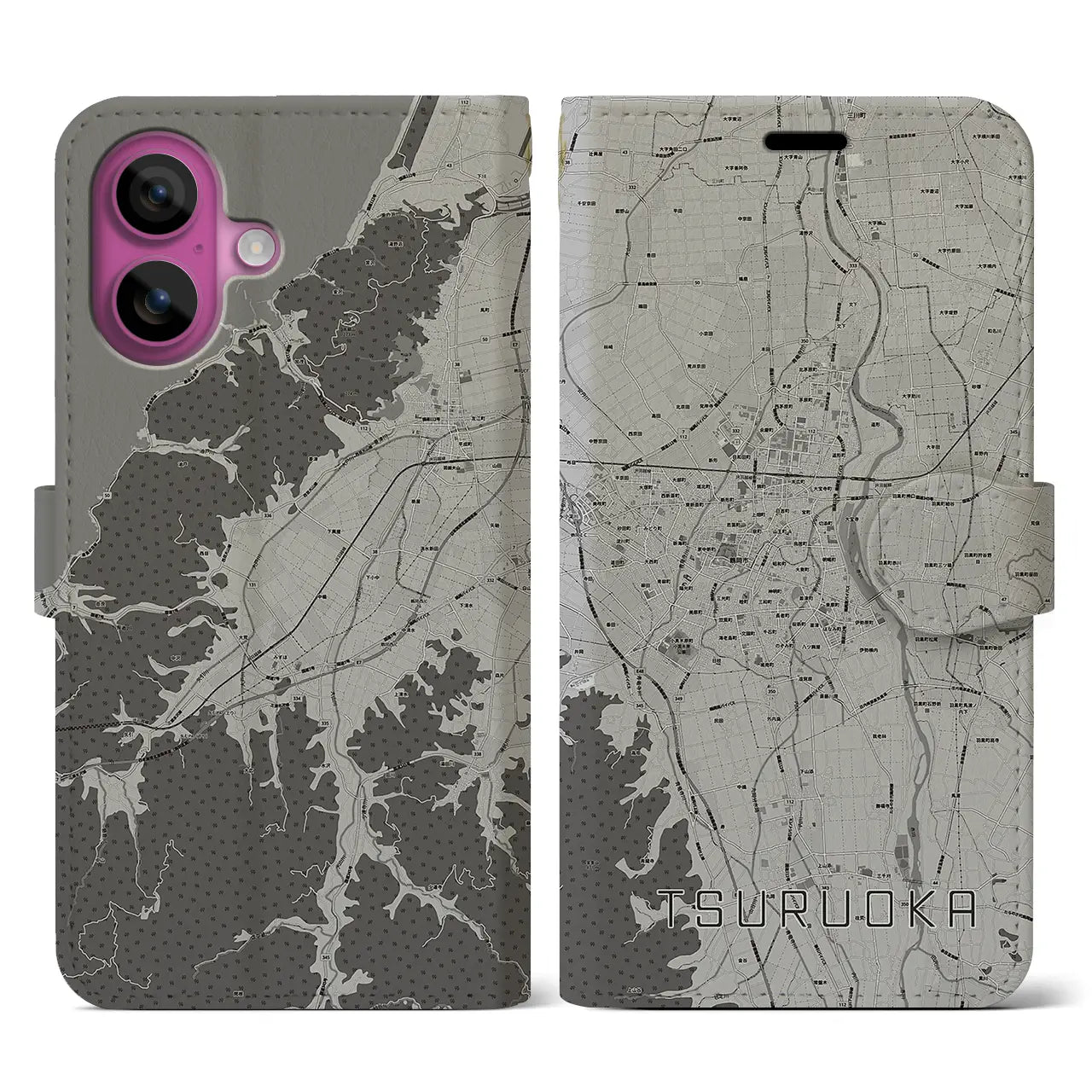 【鶴岡(山形県)】地図柄iPhoneケース(手帳タイプ)モノトーン・iPhone 16 Pro 用