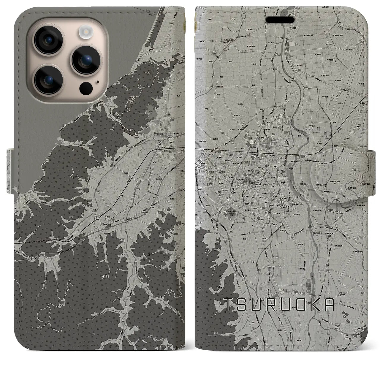 【鶴岡(山形県)】地図柄iPhoneケース(手帳タイプ)モノトーン・iPhone 16 Plus 用