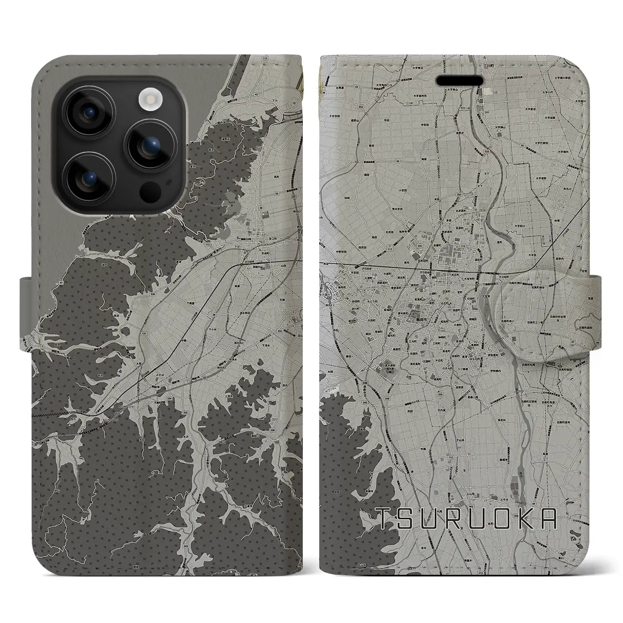 【鶴岡(山形県)】地図柄iPhoneケース(手帳タイプ)モノトーン・iPhone 16 用