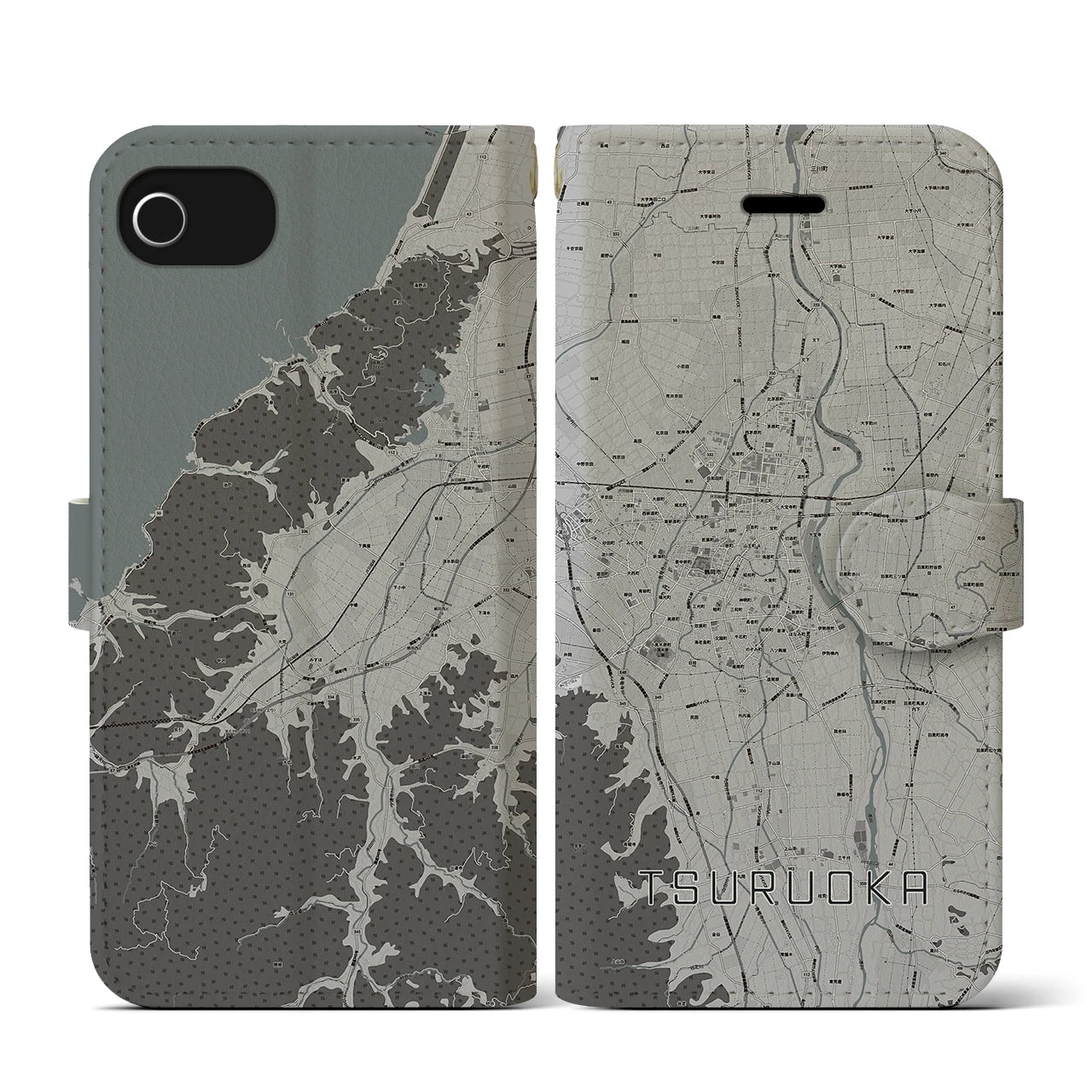【鶴岡(山形県)】地図柄iPhoneケース(手帳タイプ)モノトーン・iPhone SE(第3 / 第2世代) / 8 / 7 / 6s / 6 用