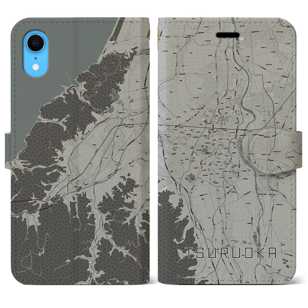 【鶴岡(山形県)】地図柄iPhoneケース(手帳タイプ)モノトーン・iPhone XR 用