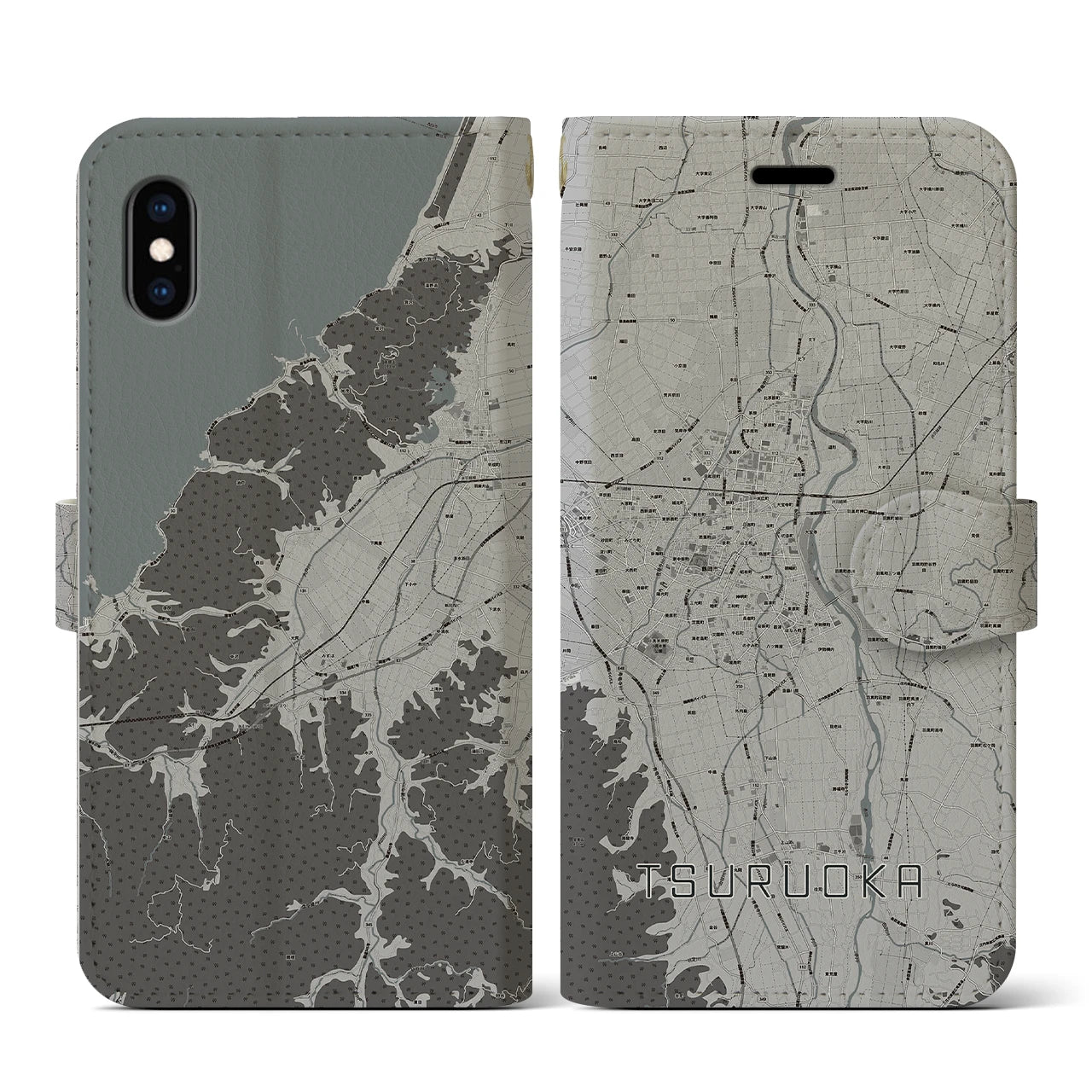 【鶴岡(山形県)】地図柄iPhoneケース(手帳タイプ)モノトーン・iPhone XS / X 用