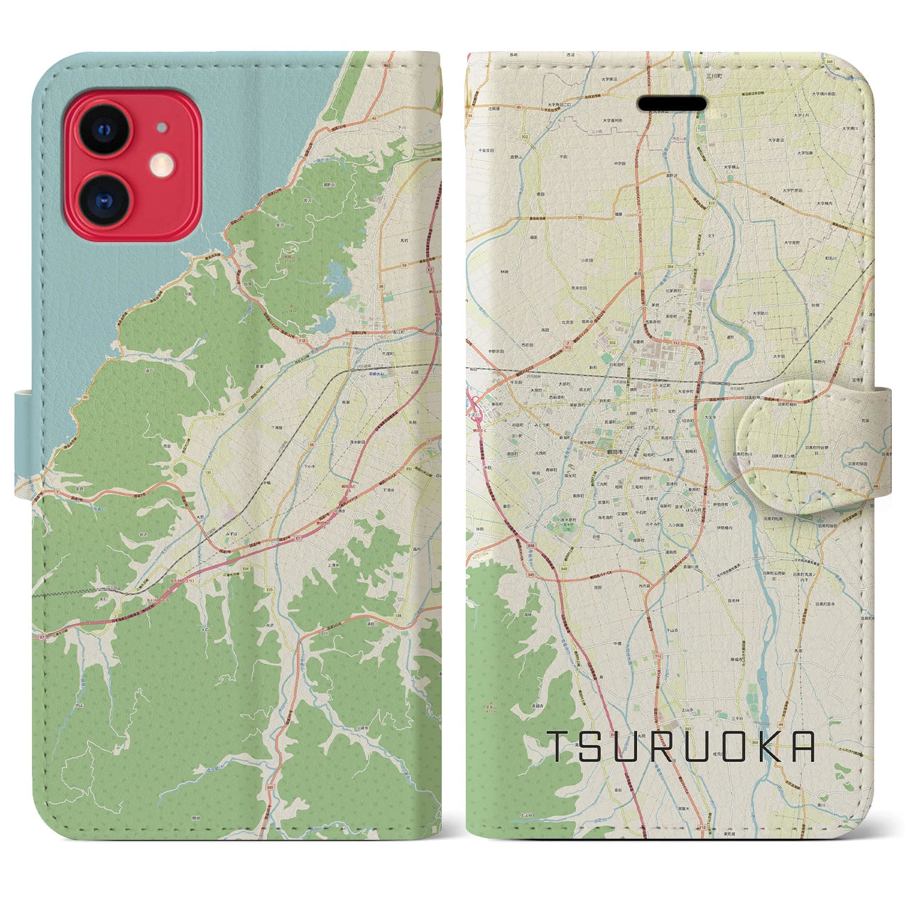 【鶴岡(山形県)】地図柄iPhoneケース(手帳タイプ)ナチュラル・iPhone 11 用