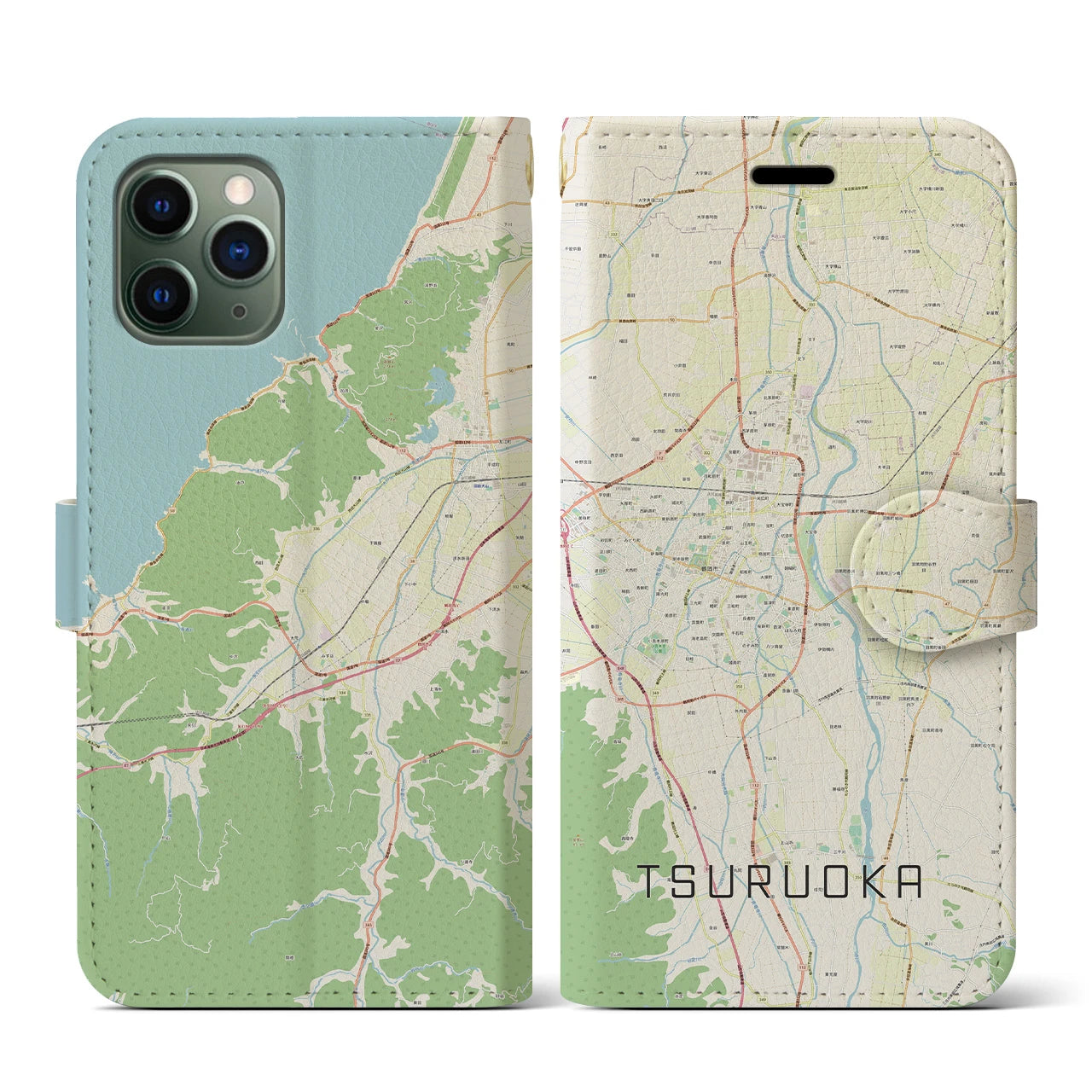 【鶴岡(山形県)】地図柄iPhoneケース(手帳タイプ)ナチュラル・iPhone 11 Pro 用