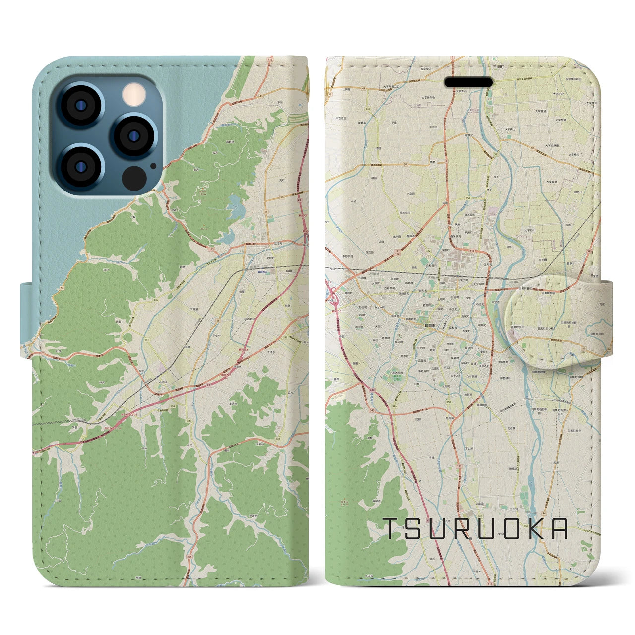 【鶴岡(山形県)】地図柄iPhoneケース(手帳タイプ)ナチュラル・iPhone 12 / 12 Pro 用