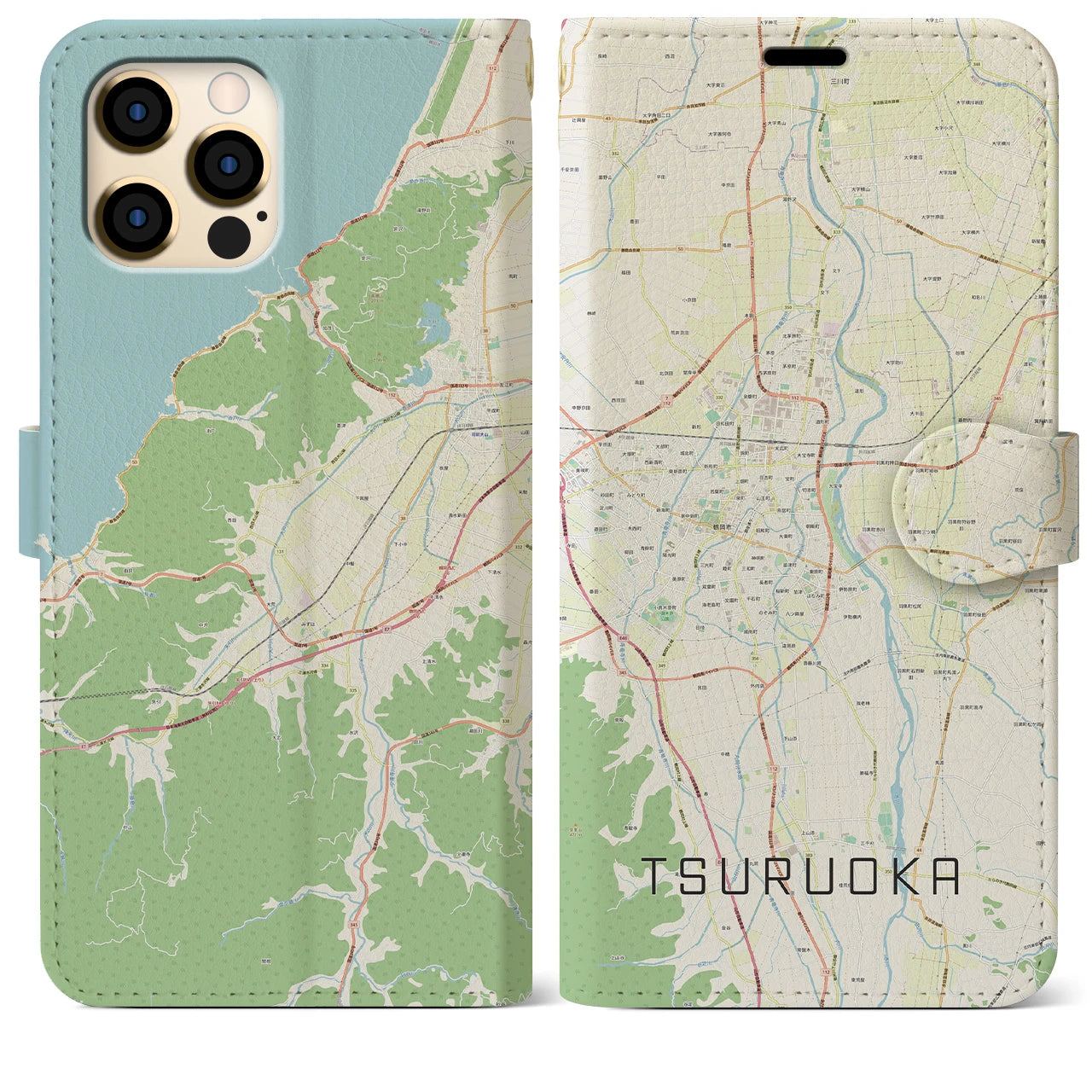【鶴岡(山形県)】地図柄iPhoneケース(手帳タイプ)ナチュラル・iPhone 12 Pro Max 用