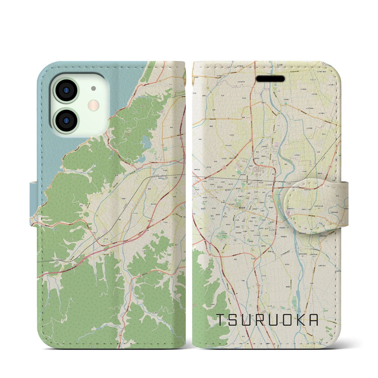 【鶴岡(山形県)】地図柄iPhoneケース(手帳タイプ)ナチュラル・iPhone 12 mini 用