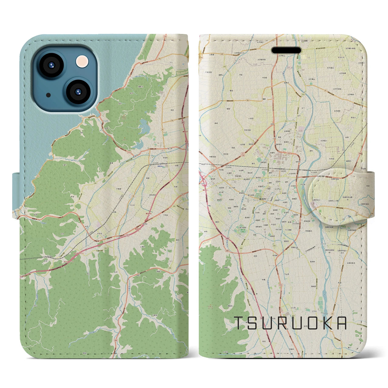 【鶴岡(山形県)】地図柄iPhoneケース(手帳タイプ)ナチュラル・iPhone 13 用