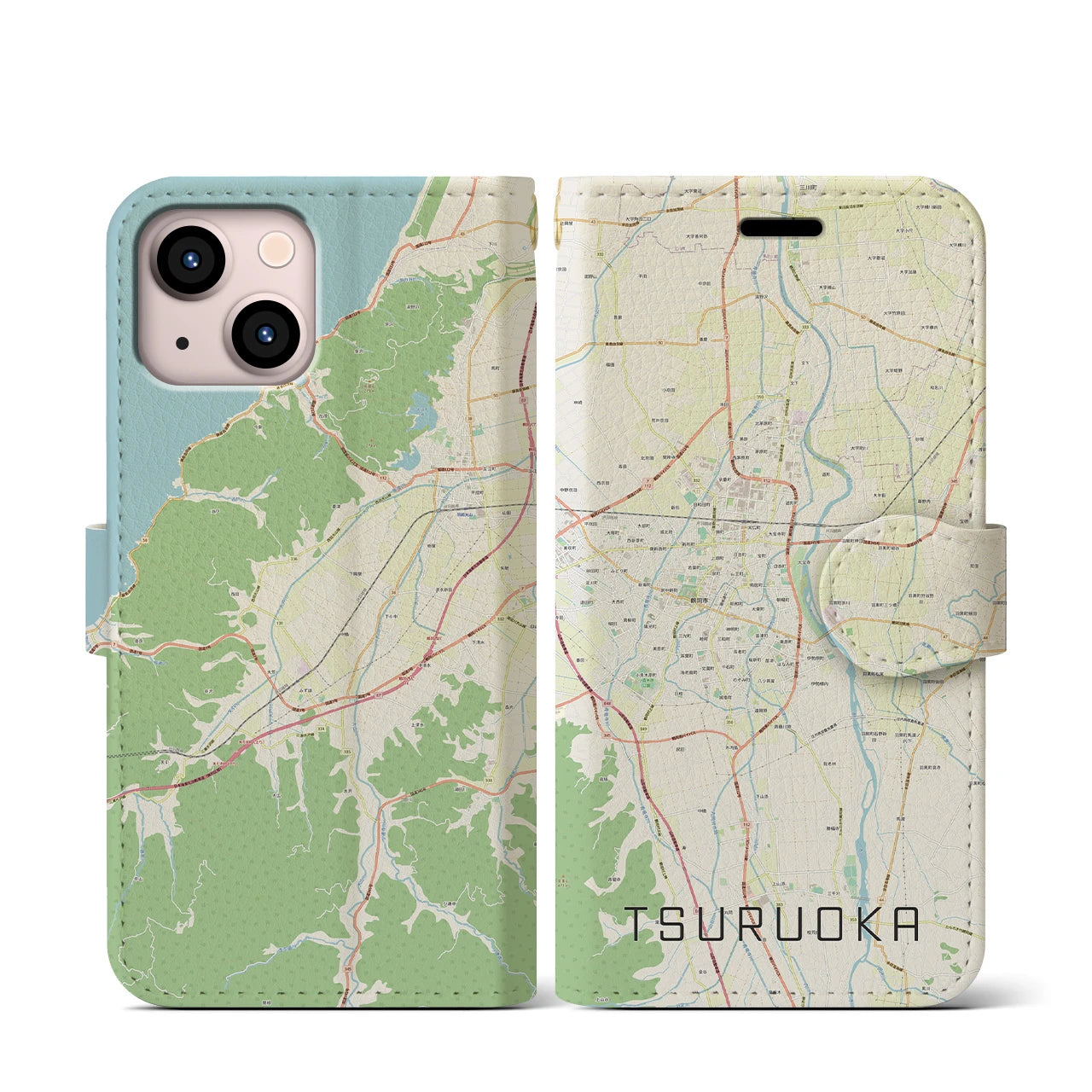 【鶴岡(山形県)】地図柄iPhoneケース(手帳タイプ)ナチュラル・iPhone 13 mini 用