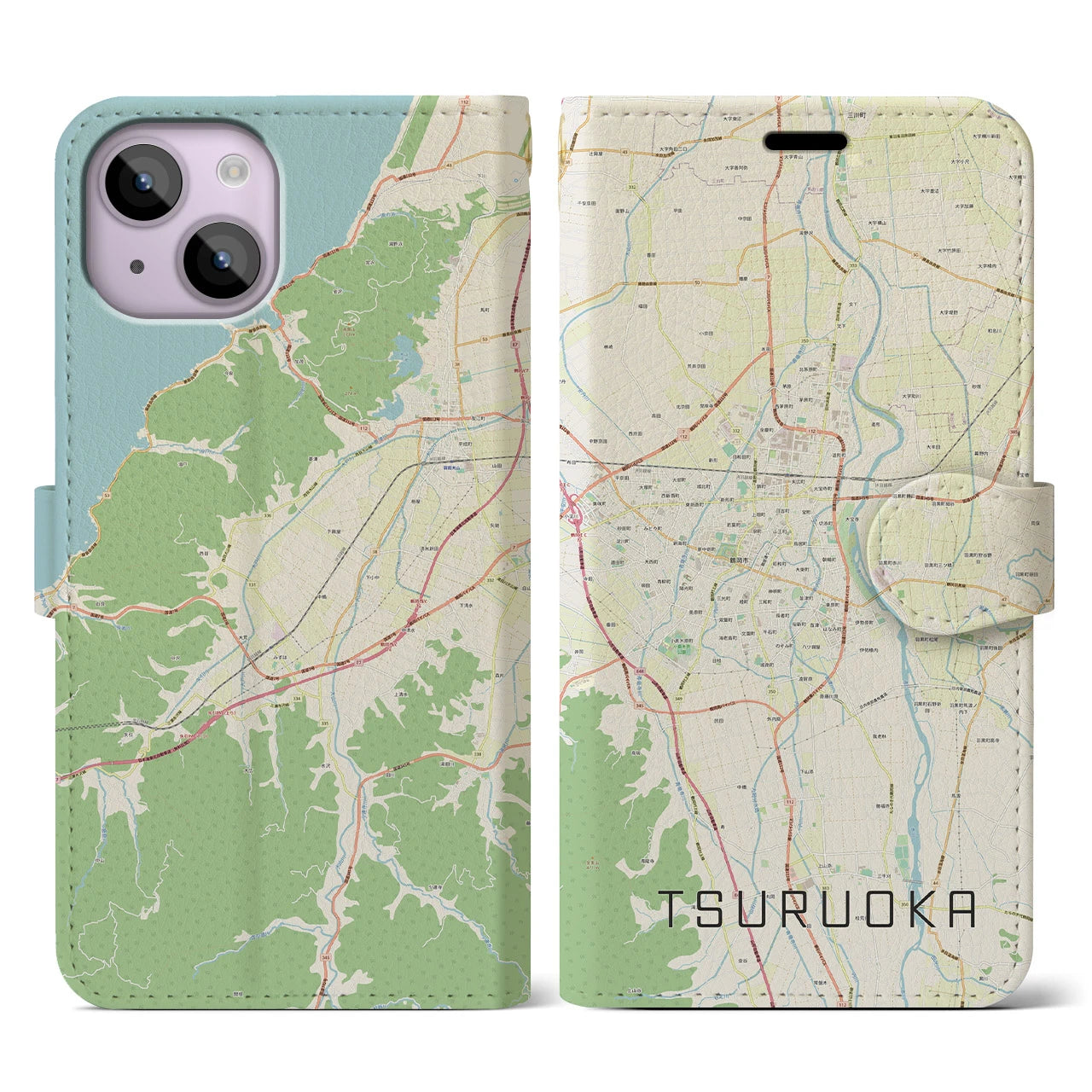 【鶴岡(山形県)】地図柄iPhoneケース(手帳タイプ)ナチュラル・iPhone 14 用