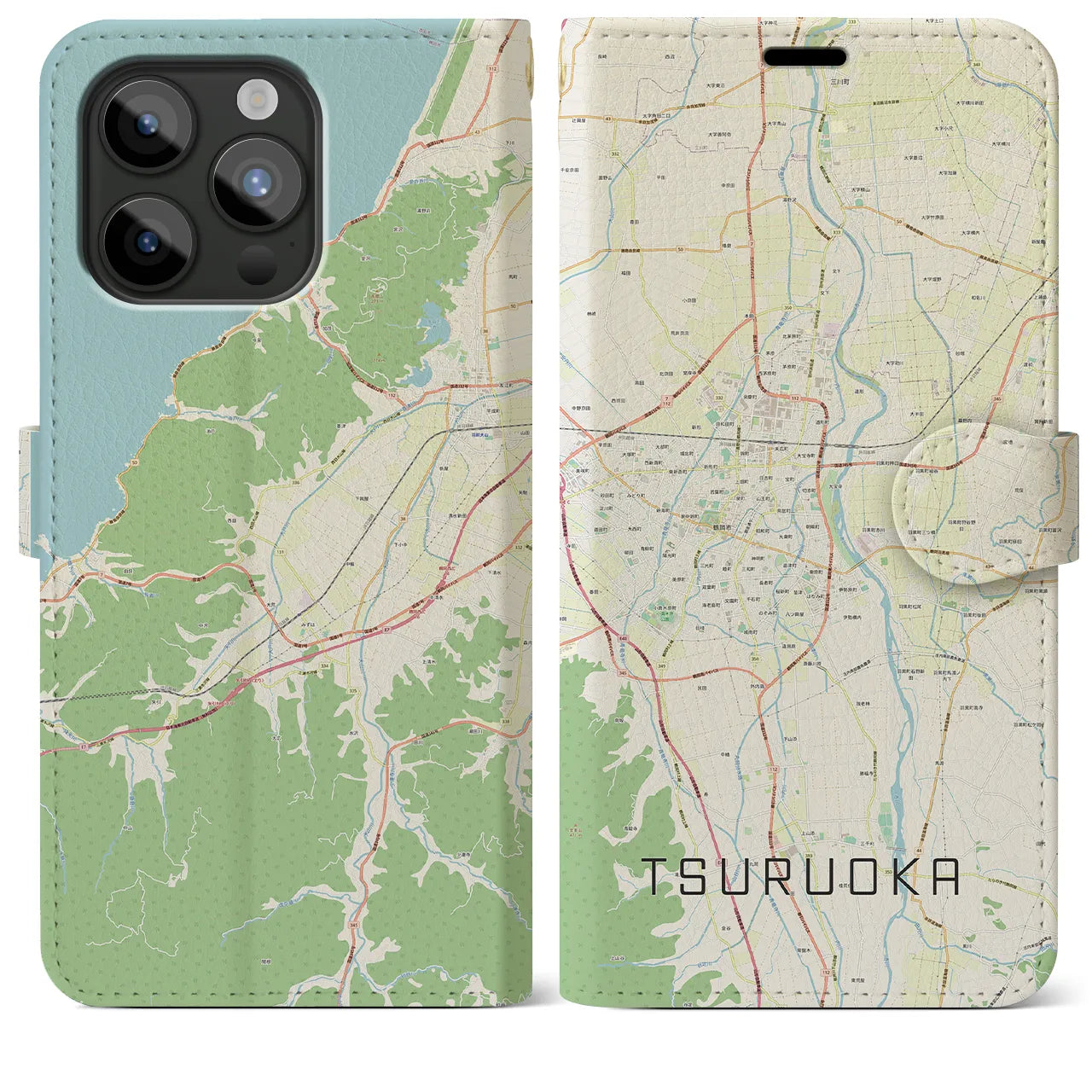 【鶴岡(山形県)】地図柄iPhoneケース(手帳タイプ)ナチュラル・iPhone 15 Pro Max 用