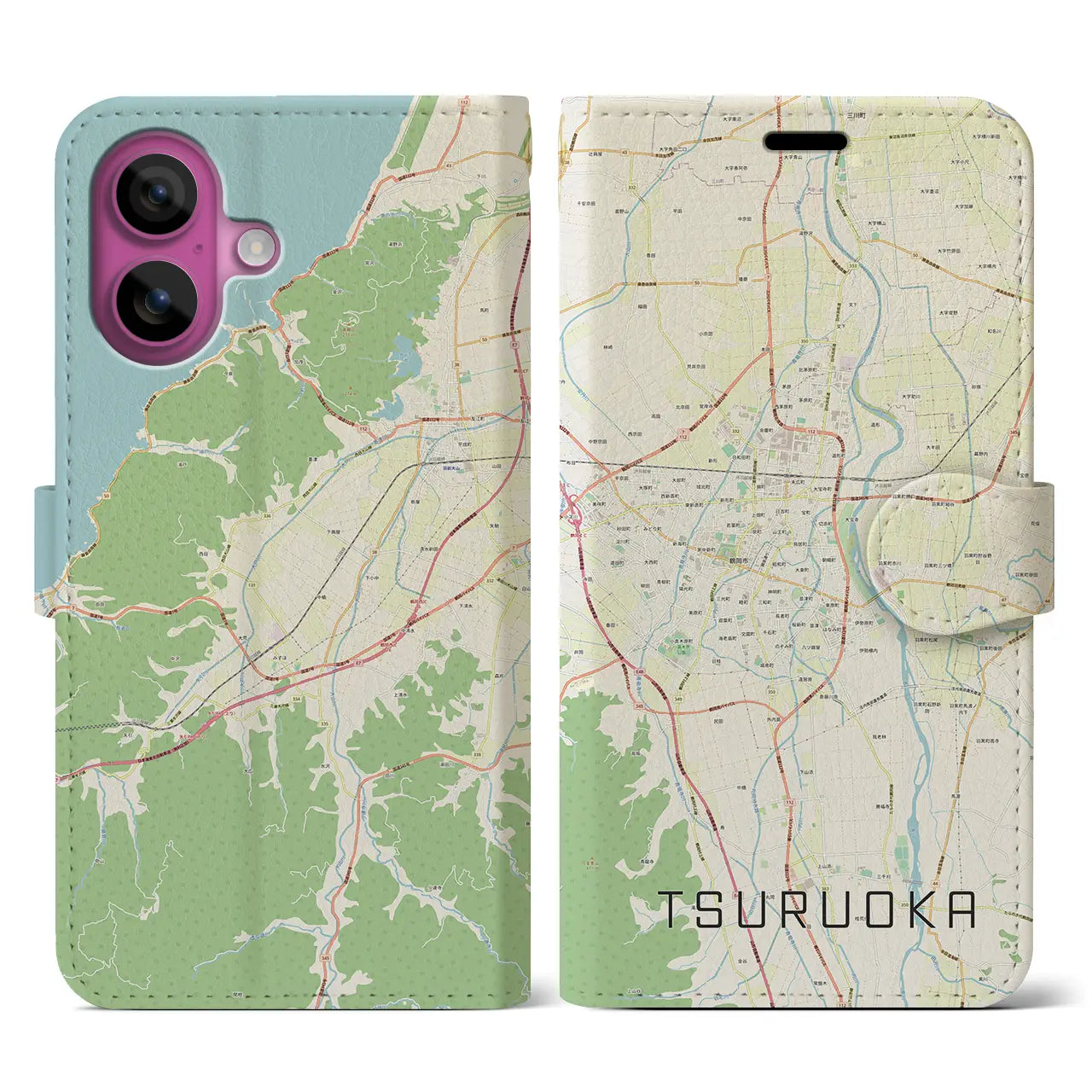 【鶴岡(山形県)】地図柄iPhoneケース(手帳タイプ)ナチュラル・iPhone 16 Pro 用