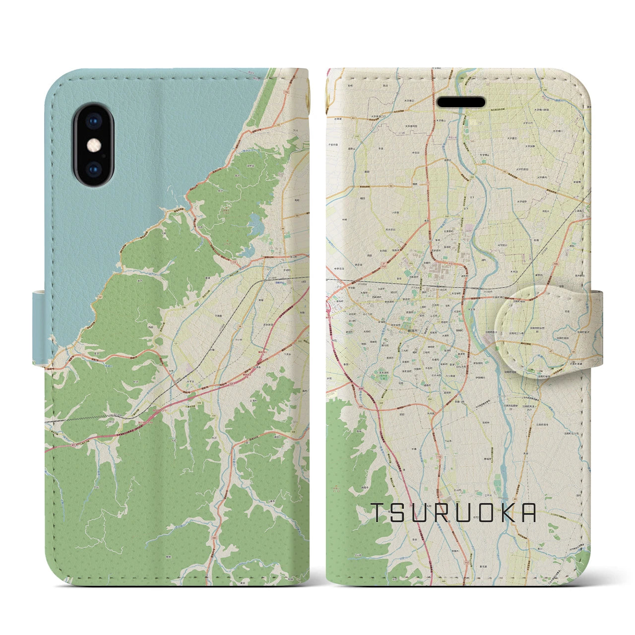 【鶴岡(山形県)】地図柄iPhoneケース(手帳タイプ)ナチュラル・iPhone XS / X 用