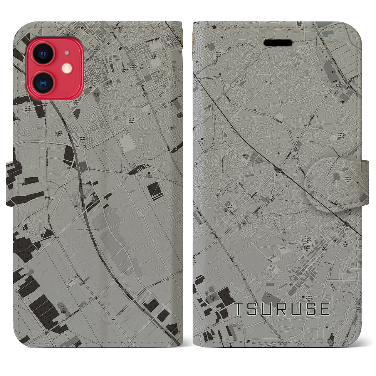 【鶴瀬(埼玉県)】地図柄iPhoneケース(手帳タイプ)モノトーン・iPhone 11 用