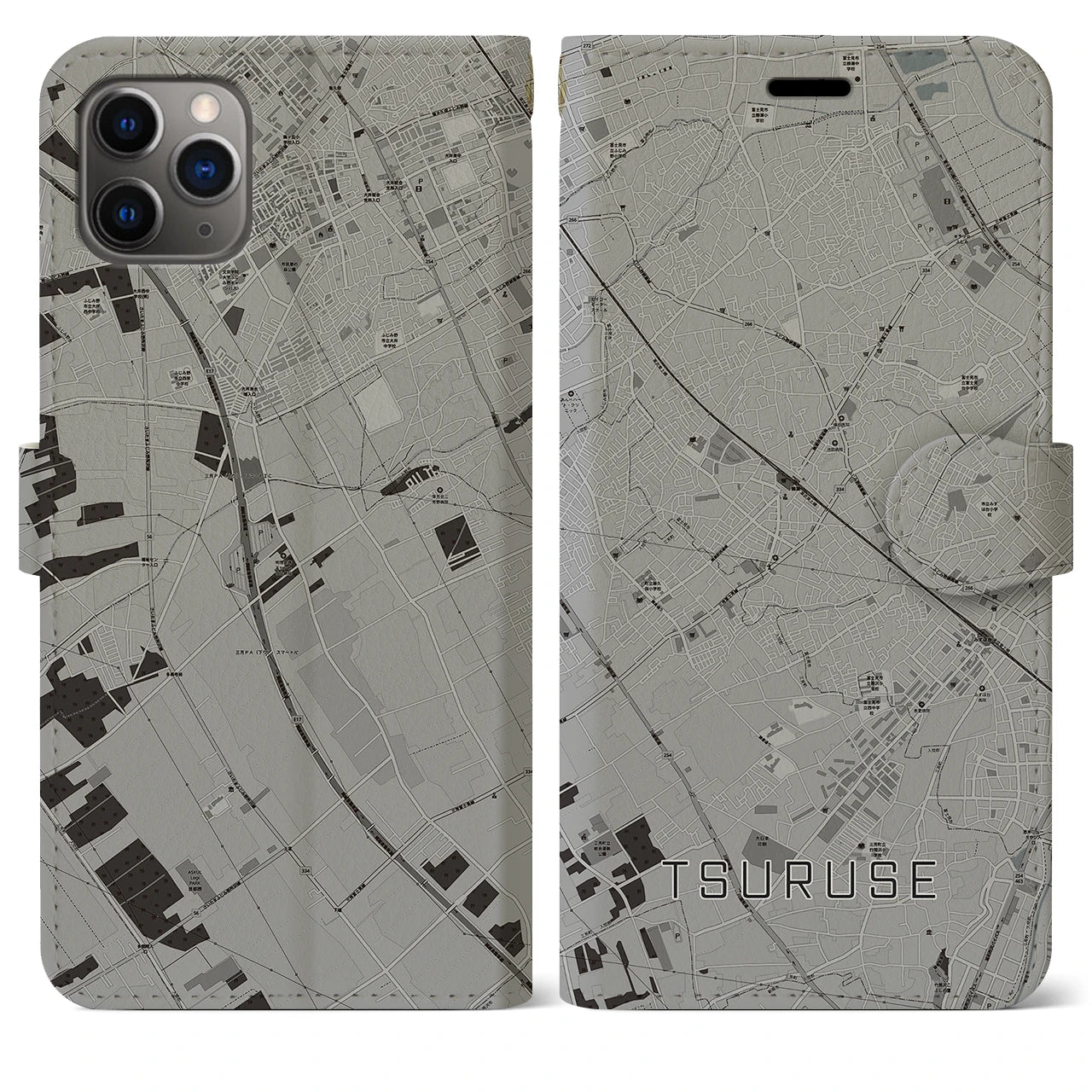 【鶴瀬(埼玉県)】地図柄iPhoneケース(手帳タイプ)モノトーン・iPhone 11 Pro Max 用