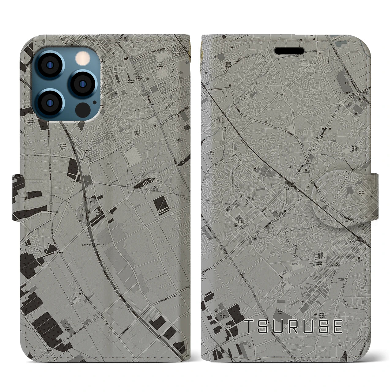 【鶴瀬(埼玉県)】地図柄iPhoneケース(手帳タイプ)モノトーン・iPhone 12 / 12 Pro 用