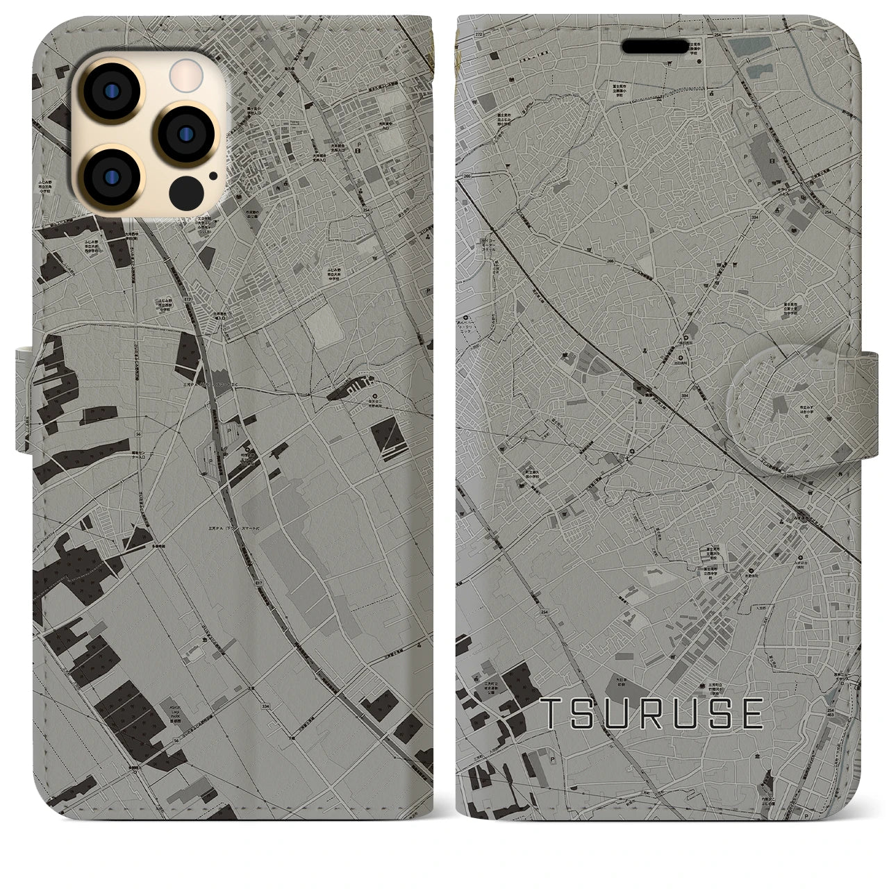 【鶴瀬(埼玉県)】地図柄iPhoneケース(手帳タイプ)モノトーン・iPhone 12 Pro Max 用