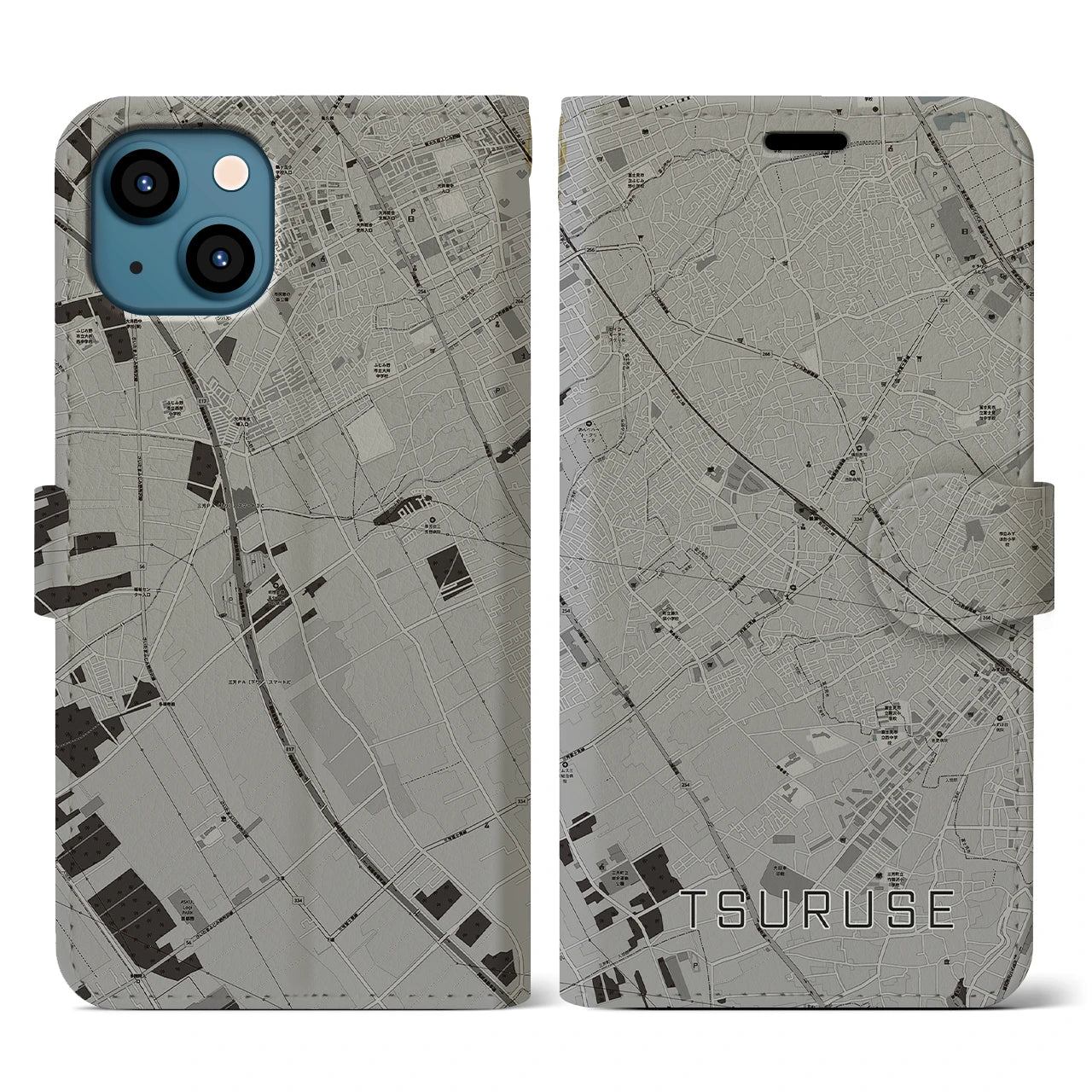 【鶴瀬(埼玉県)】地図柄iPhoneケース(手帳タイプ)モノトーン・iPhone 13 用