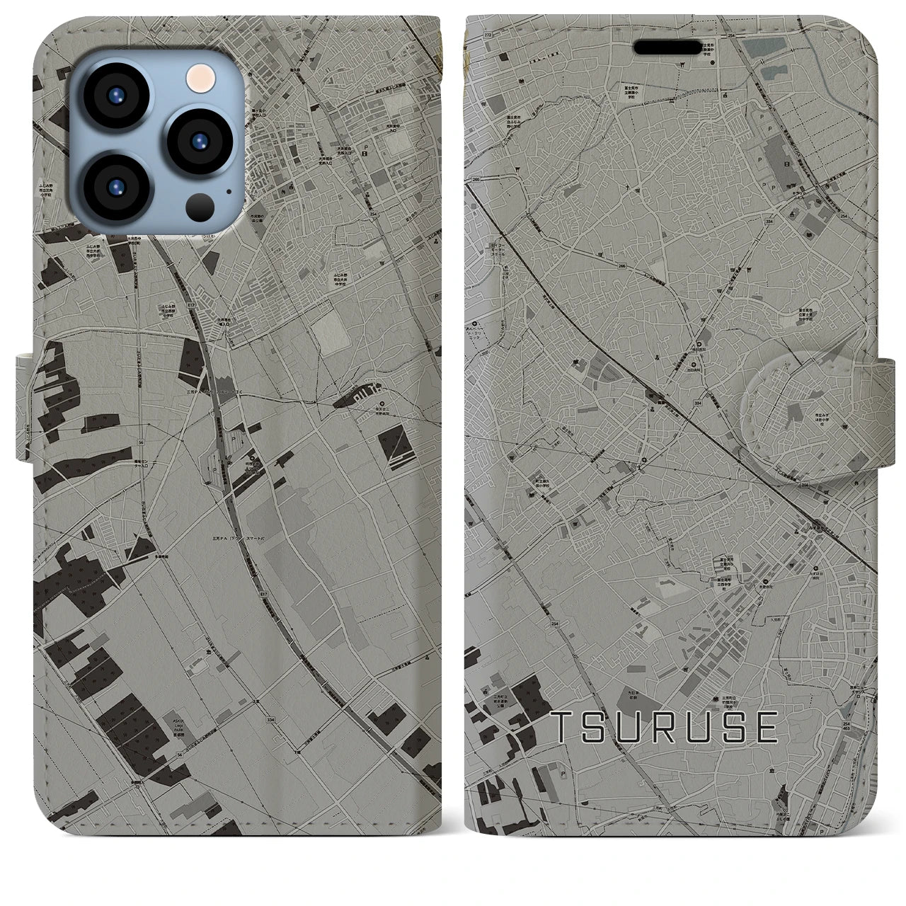 【鶴瀬(埼玉県)】地図柄iPhoneケース(手帳タイプ)モノトーン・iPhone 13 Pro Max 用