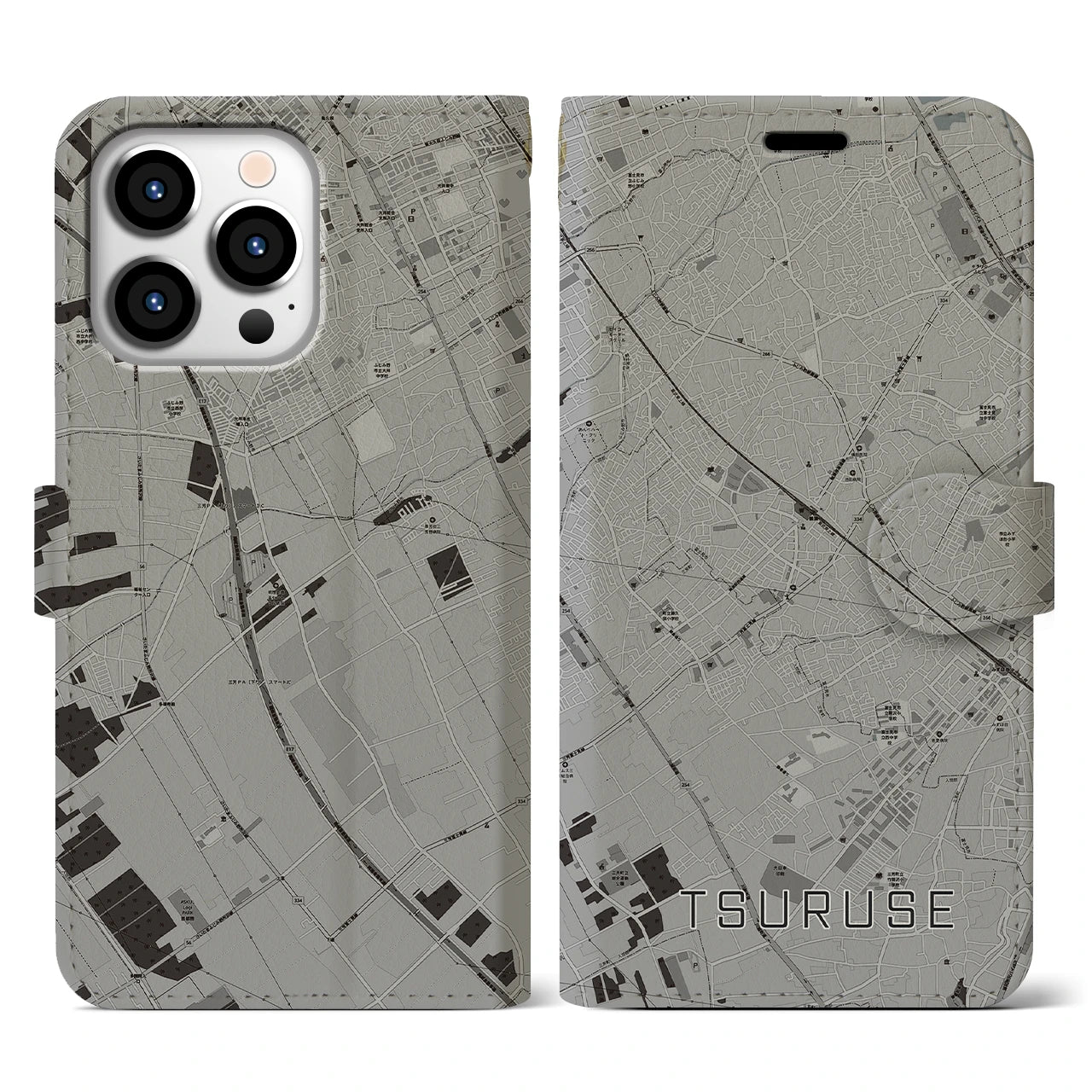 【鶴瀬(埼玉県)】地図柄iPhoneケース(手帳タイプ)モノトーン・iPhone 13 Pro 用