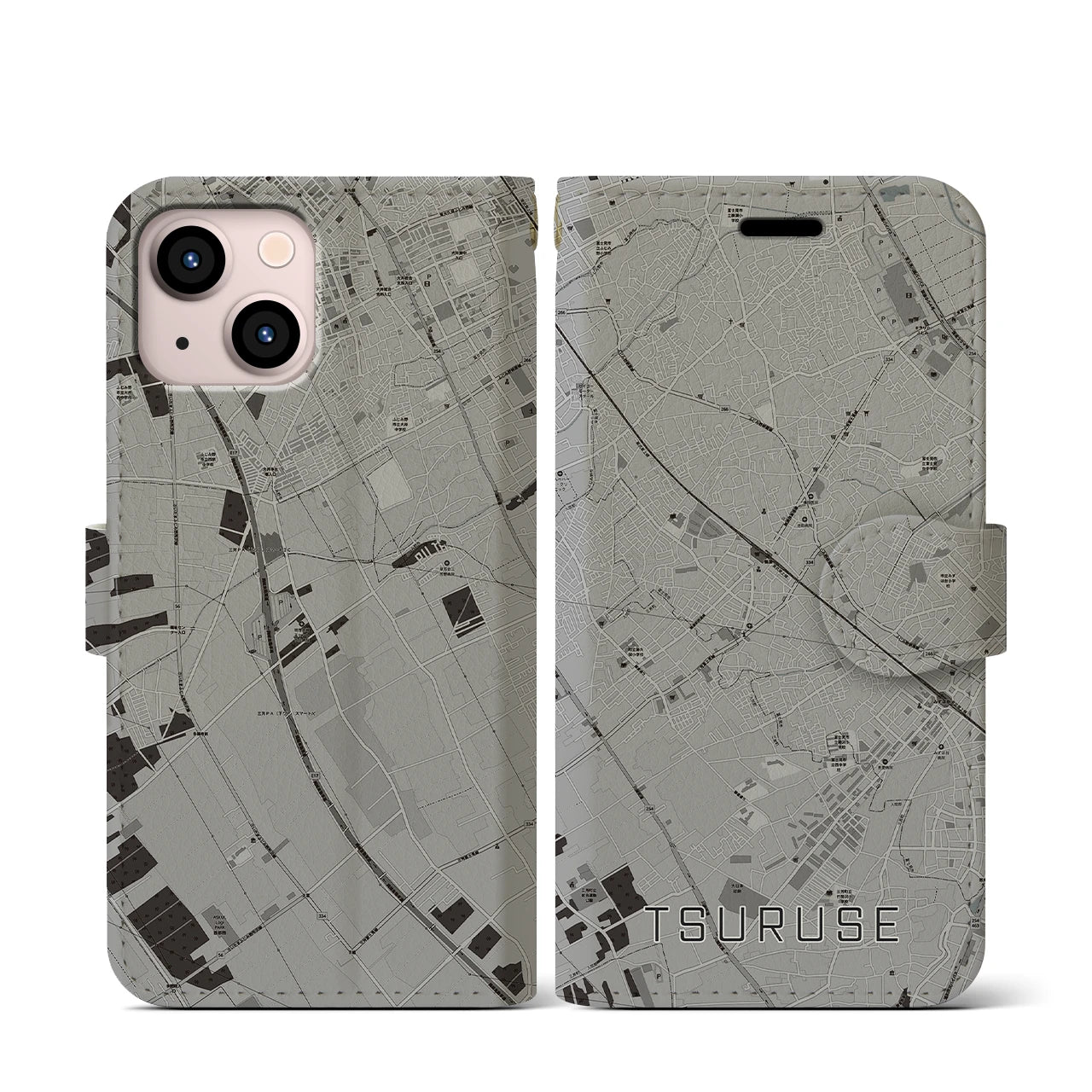 【鶴瀬(埼玉県)】地図柄iPhoneケース(手帳タイプ)モノトーン・iPhone 13 mini 用
