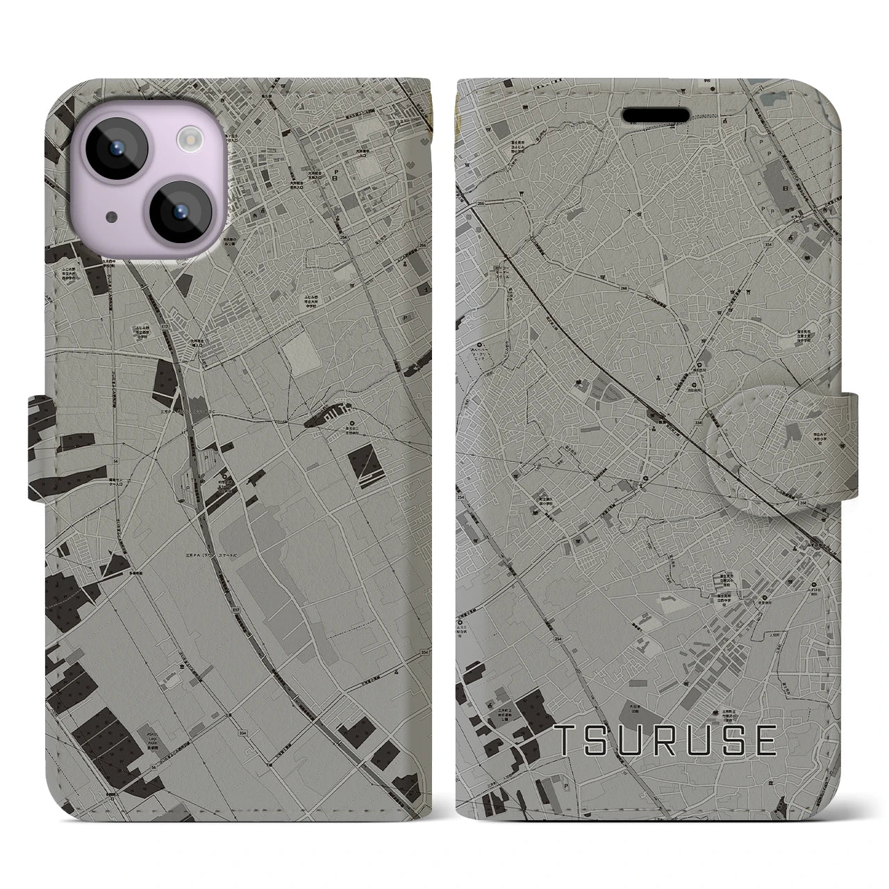 【鶴瀬(埼玉県)】地図柄iPhoneケース(手帳タイプ)モノトーン・iPhone 14 用