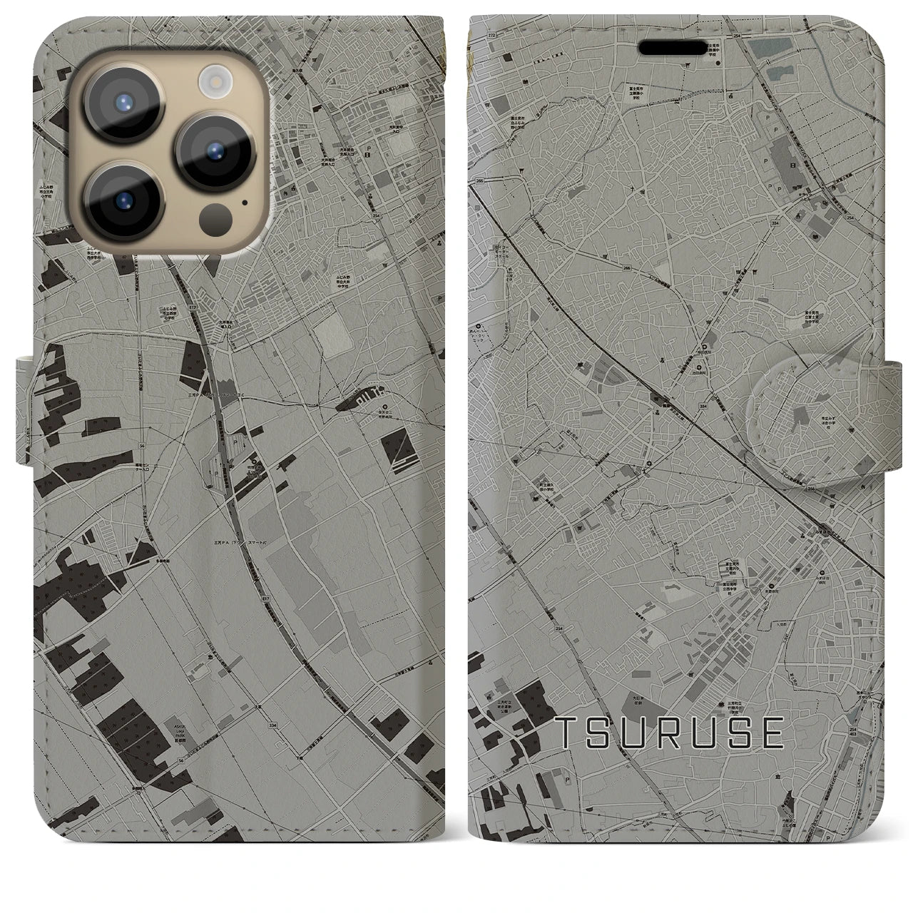 【鶴瀬(埼玉県)】地図柄iPhoneケース(手帳タイプ)モノトーン・iPhone 14 Pro Max 用