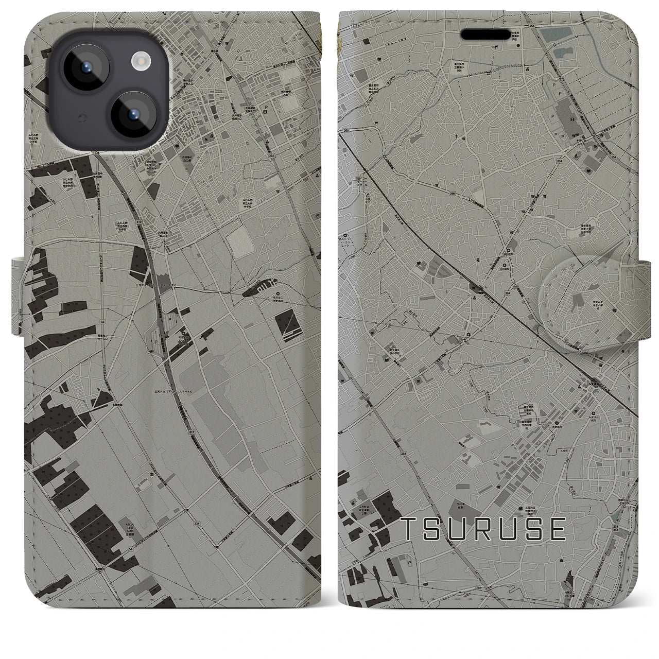【鶴瀬(埼玉県)】地図柄iPhoneケース(手帳タイプ)モノトーン・iPhone 14 Plus 用