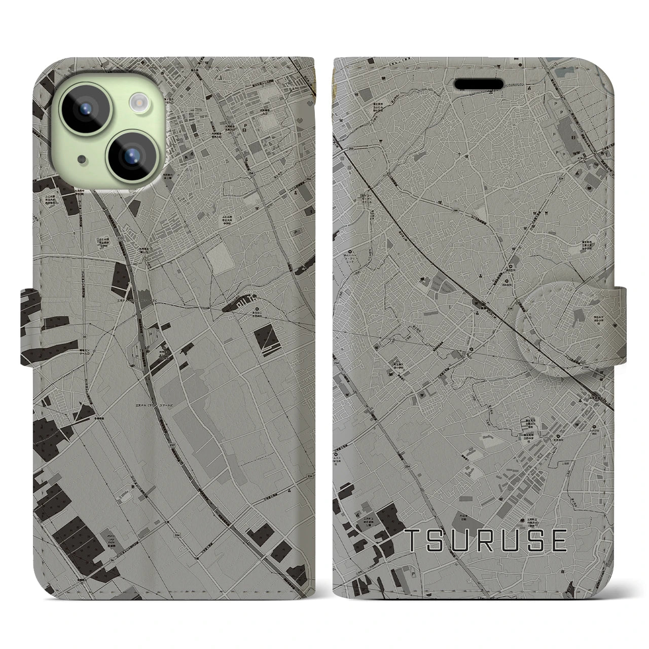 【鶴瀬(埼玉県)】地図柄iPhoneケース(手帳タイプ)モノトーン・iPhone 15 用