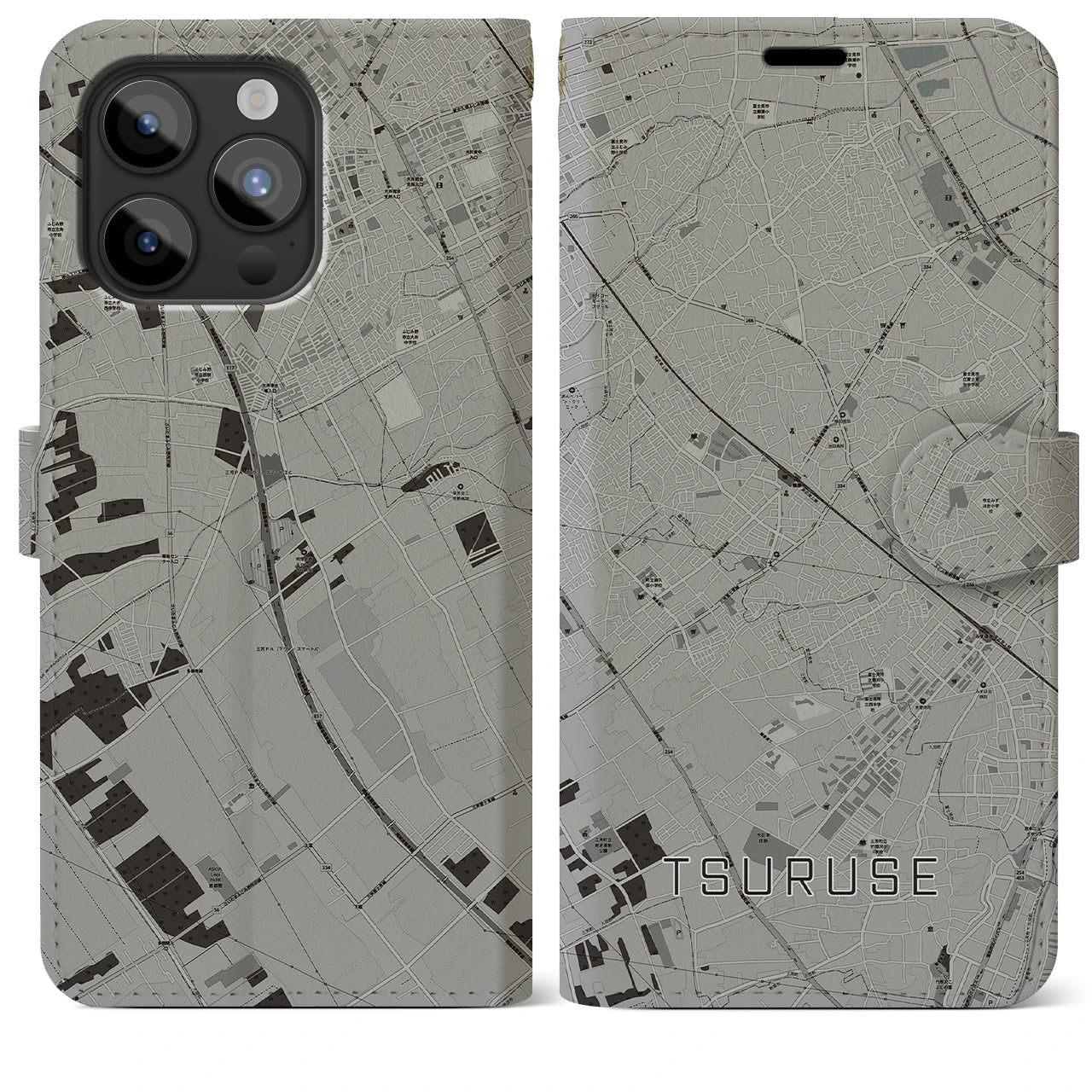 【鶴瀬(埼玉県)】地図柄iPhoneケース(手帳タイプ)モノトーン・iPhone 15 Pro Max 用