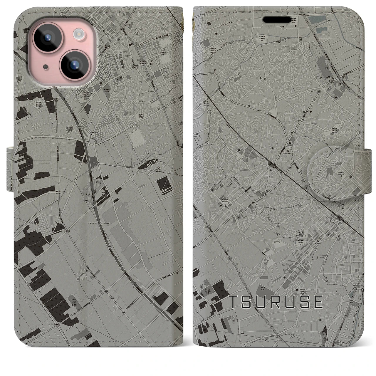 【鶴瀬(埼玉県)】地図柄iPhoneケース(手帳タイプ)モノトーン・iPhone 15 Plus 用