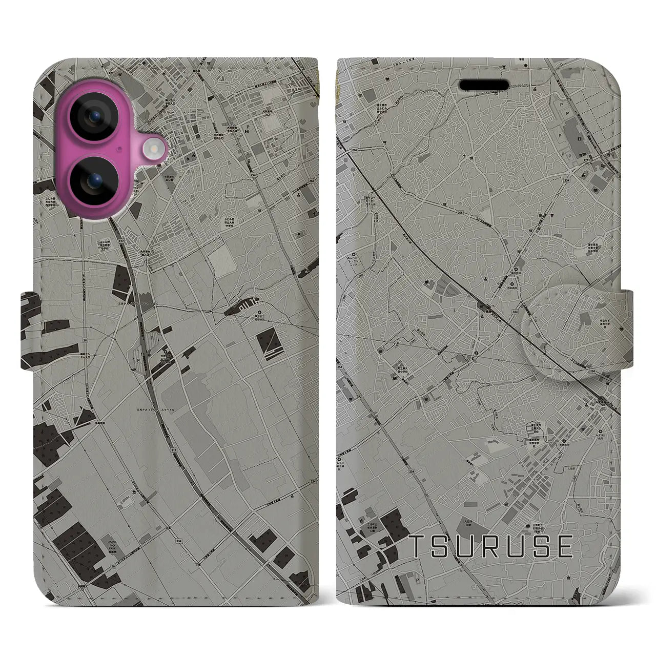 【鶴瀬(埼玉県)】地図柄iPhoneケース(手帳タイプ)モノトーン・iPhone 16 Pro 用