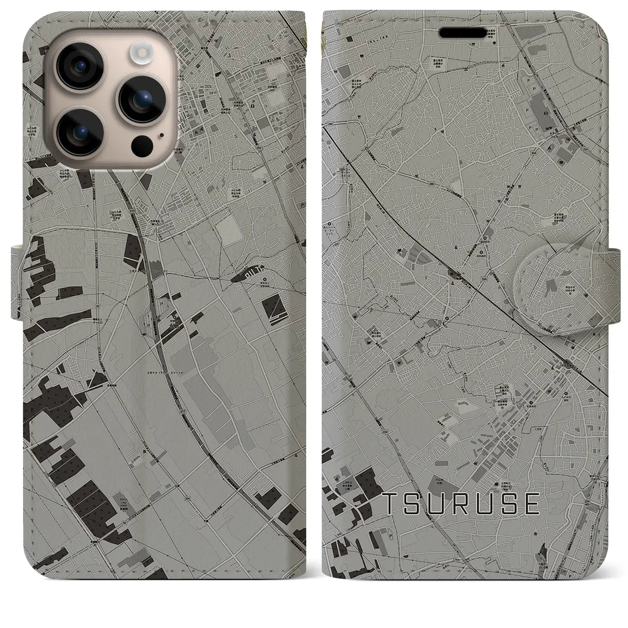 【鶴瀬(埼玉県)】地図柄iPhoneケース(手帳タイプ)モノトーン・iPhone 16 Plus 用