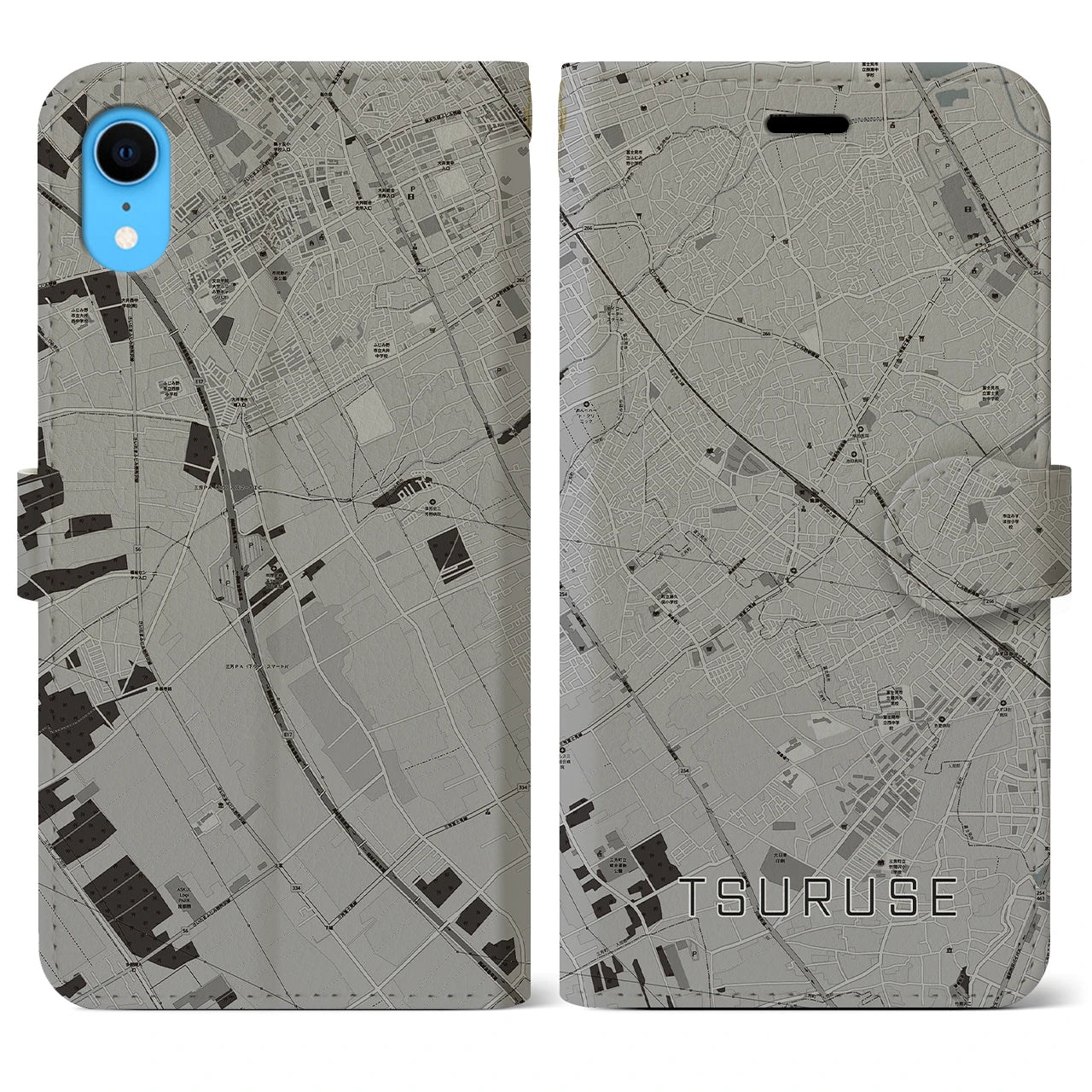 【鶴瀬(埼玉県)】地図柄iPhoneケース(手帳タイプ)モノトーン・iPhone XR 用