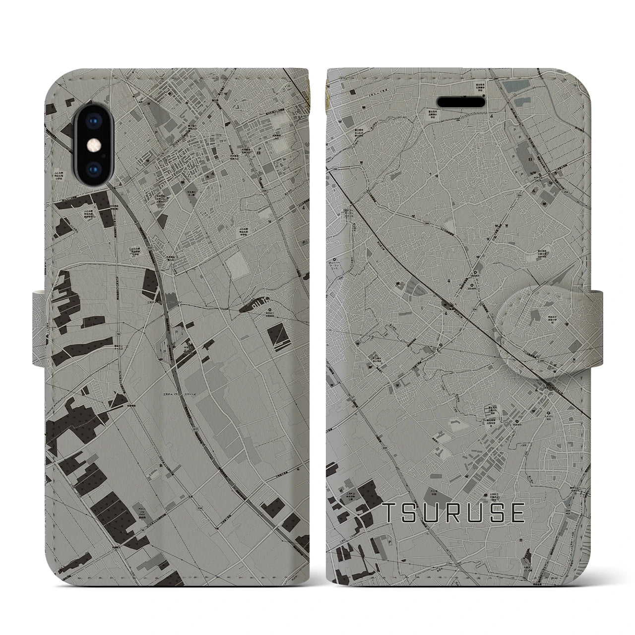 【鶴瀬(埼玉県)】地図柄iPhoneケース(手帳タイプ)モノトーン・iPhone XS / X 用