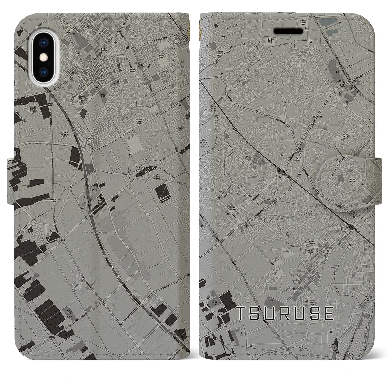 【鶴瀬(埼玉県)】地図柄iPhoneケース(手帳タイプ)モノトーン・iPhone XS Max 用