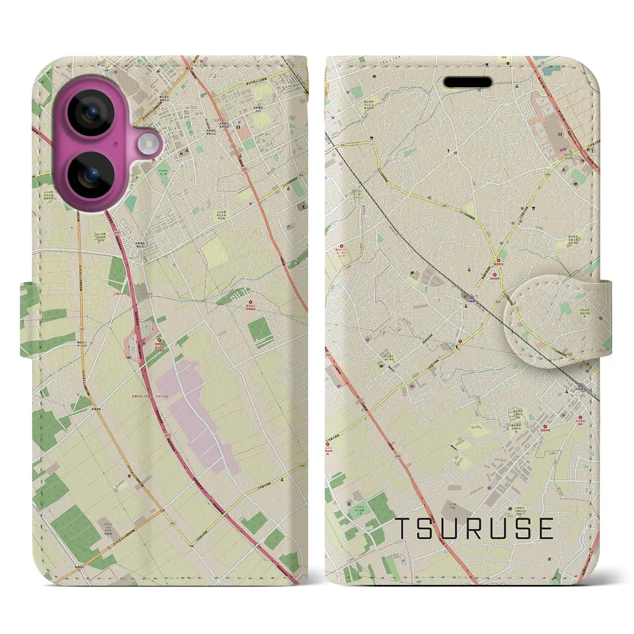 【鶴瀬(埼玉県)】地図柄iPhoneケース(手帳タイプ)ナチュラル・iPhone 16 Pro 用