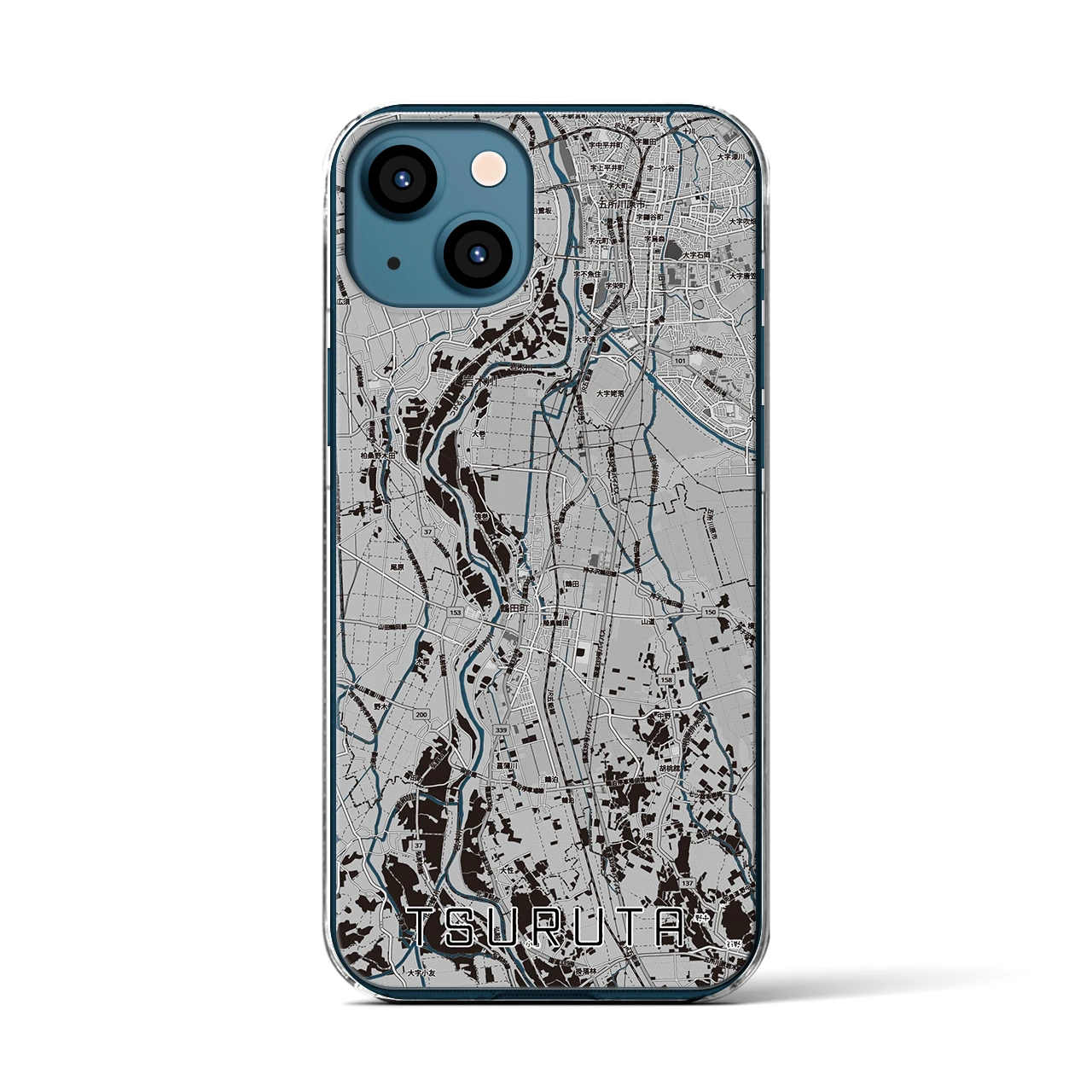 【鶴田(青森県)】地図柄iPhoneケース(クリアタイプ)モノトーン・iPhone 13 用