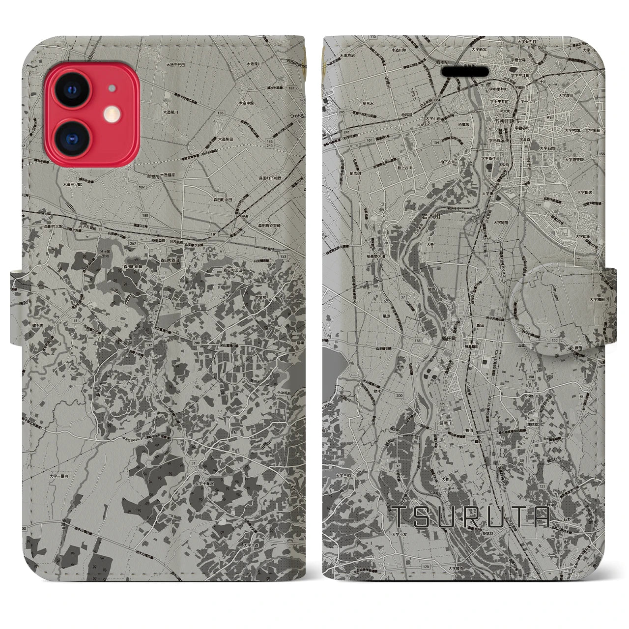 【鶴田(青森県)】地図柄iPhoneケース(手帳タイプ)モノトーン・iPhone 11 用